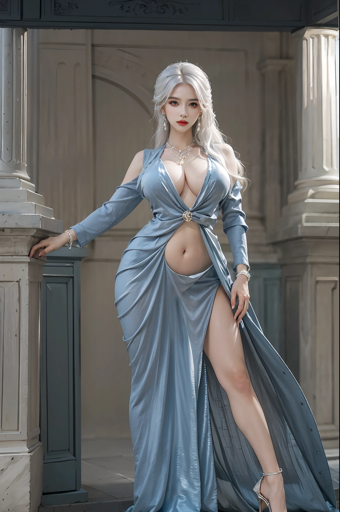 photorealistic, high resolution, 1 woman, solo, hips up, beautiful eyes, white hair, huge breast, bracelets,elegant necklace, elegant diamond earrings, stlouis, blue dress, revealing clothes