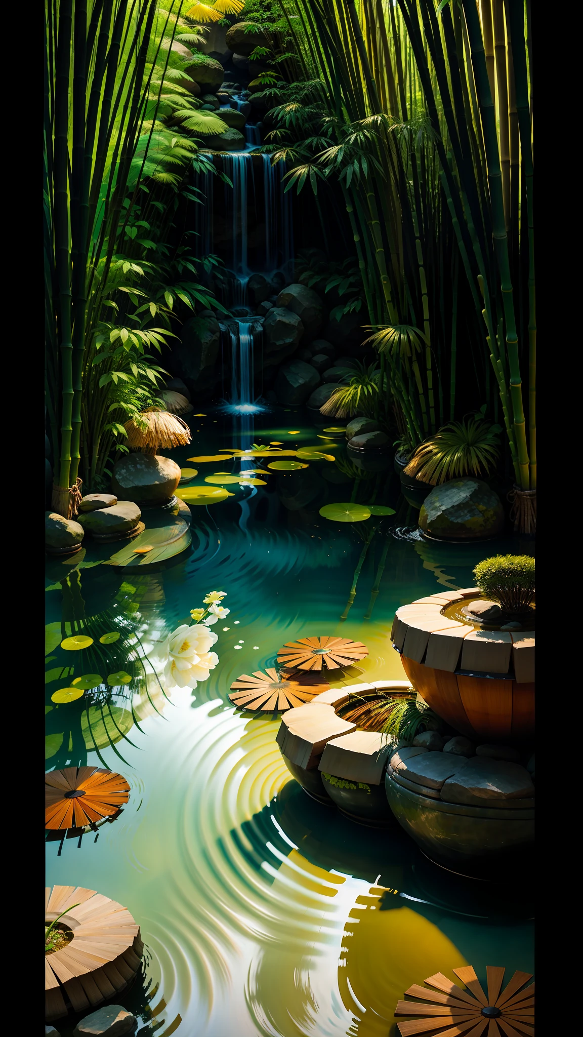 Bamboo Sea,flowingwater, idyllic scenery, Traditional Gangnam,High quality photos --AR --v 5