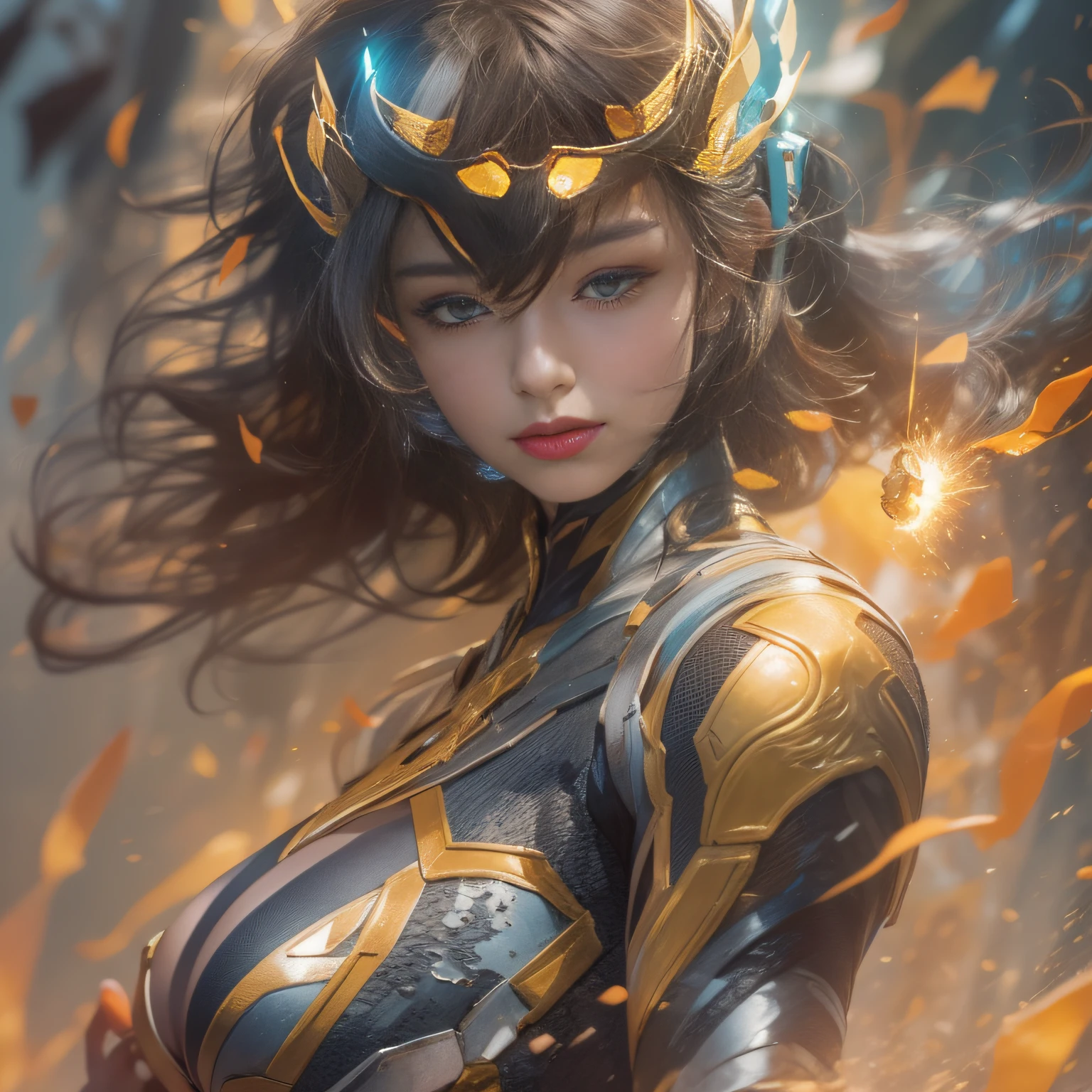 1girl in, Contemporary art, action painting, Alfonse Mucha, Impressionism, spark of light, Motion Blur, Cinematic lighting, Backlighting, nffsw, Anatomically correct, Textured skin, high details, awardwinning, 4K、 (Depth Fields:1.3),(Clean face)、big eye、Unevenness of the skin、Kamen Rider Suit、(Female Hero Suit)、perfectly proportions、Perfect makeup、爆乳、big breasts thin waist、nabel、Enhanced buttocks、thighs thighs thighs thighs、The navel and thighs are raw、tense look、action、profetional lighting、