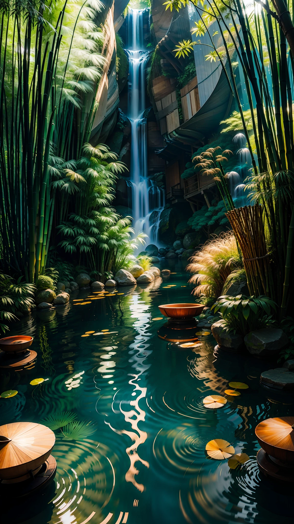 Bamboo Sea,flowingwater, idyllic scenery, Traditional Gangnam,High quality photos --AR --v 5