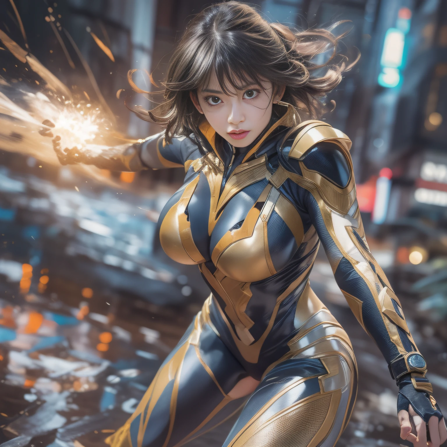 1girl in, Contemporary art, action painting, Alfonse Mucha, Impressionism, spark of light, Motion Blur, Cinematic lighting, Backlighting, nffsw, Anatomically correct, Textured skin, high details, awardwinning, 4K、(Clean face)、big eye、Unevenness of the skin、Kamen Rider Suit、(Female Hero Suit)、perfectly proportions、Perfect makeup、爆乳、big breasts thin waist、nabel、Tempered buttocks、thighs thighs thighs thighs、The navel and thighs are raw、tense look、action、profetional lighting、