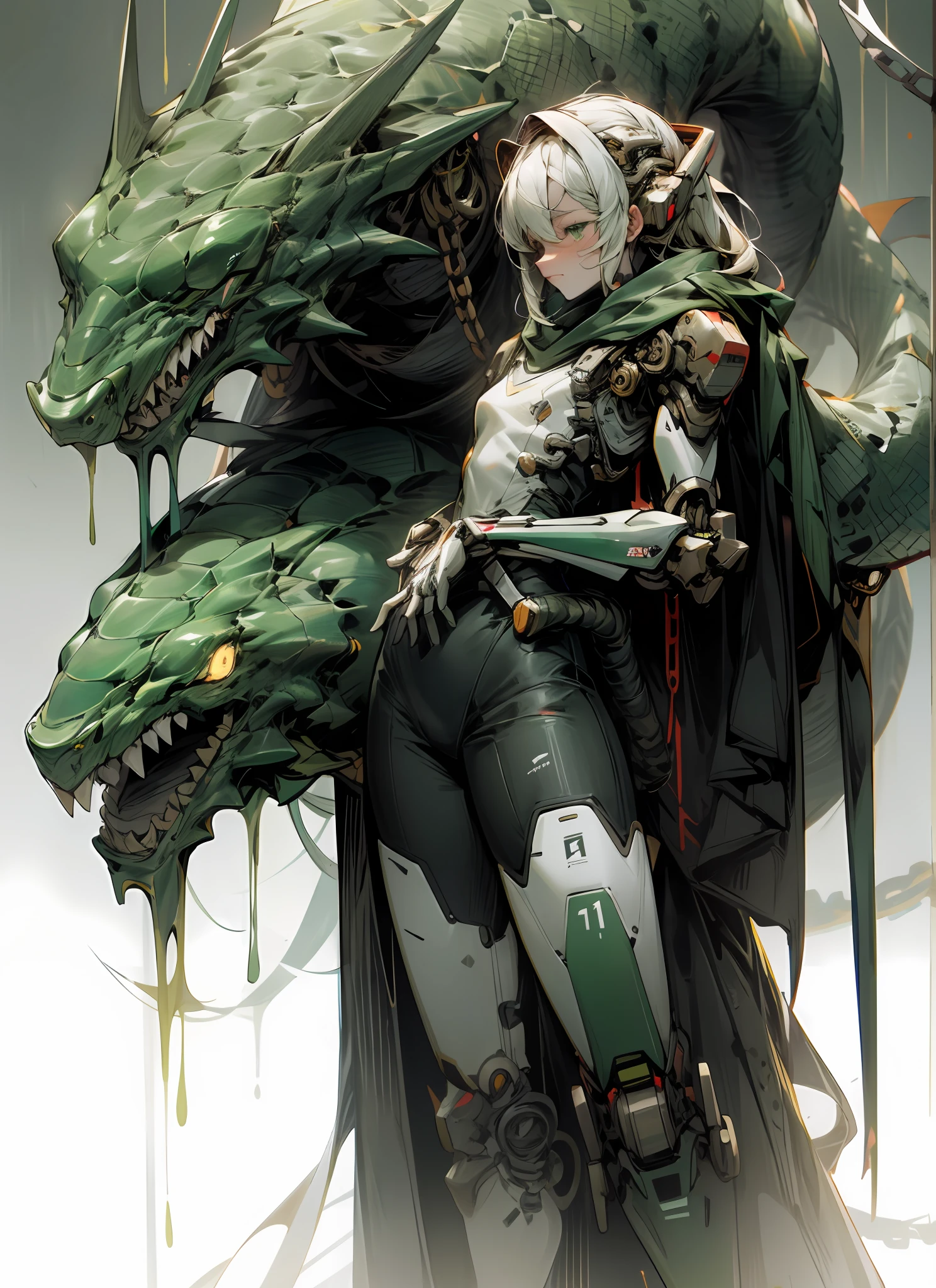 Dark_fantasy，cyber punk perssonage，（Chainsaw，chainsawman，red colour：1.1），Mechanical small snake latch，Mechanical Wonder，Robotic presence，cybernetic guardians，green color，full bodyesbian，Stand on the head of the giant serpent