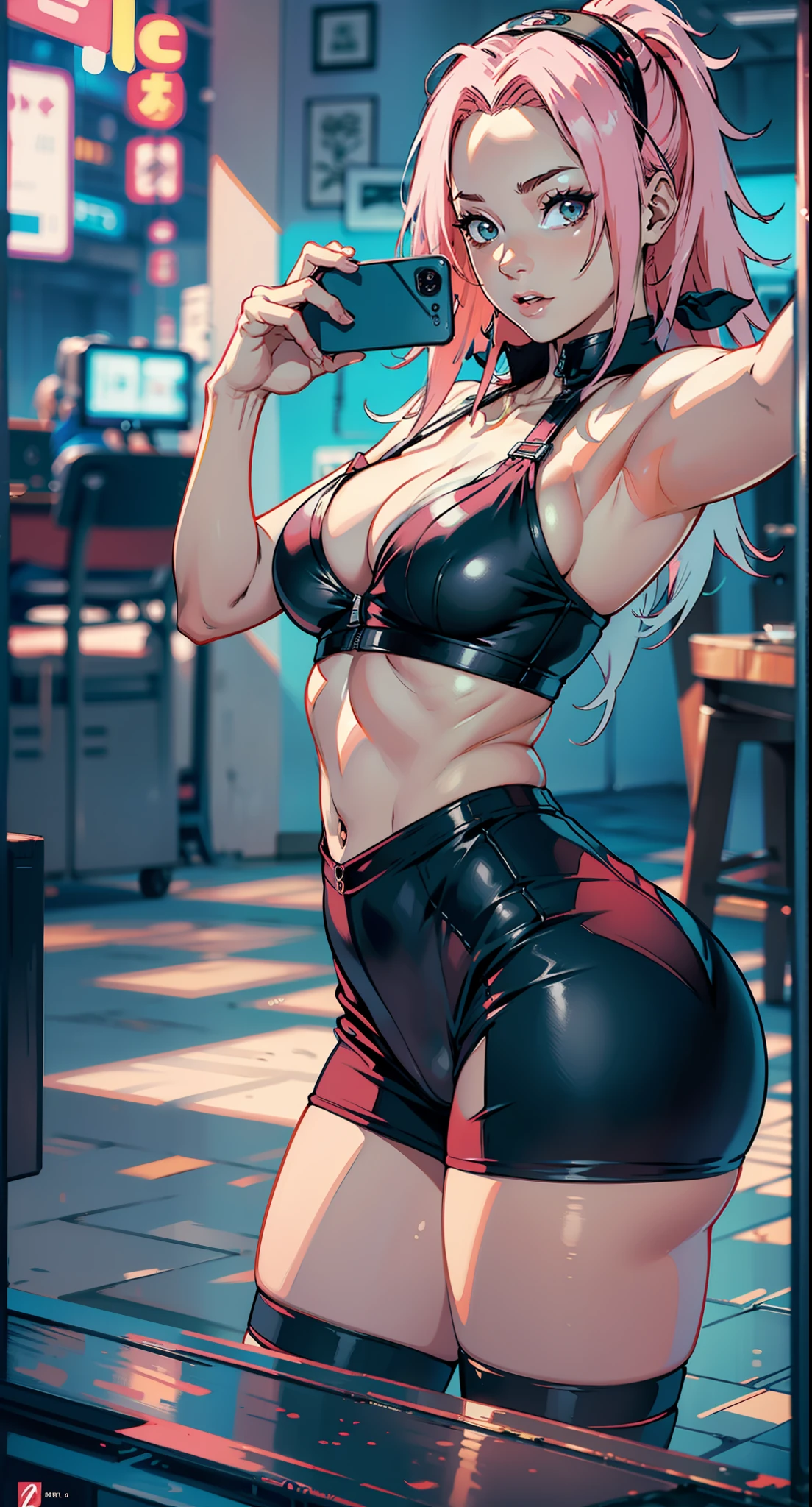 Sakura Haruno de camisa preta e bermuda curta, tirando selfie, bunda grande, pernas grossas, derriere tonificado, big booty, Tonificado, foto fit, corpo em forma, corpo inteiro, muito realista, extremamente Realista, extremamente sexy, 8k, 8k extremamente detalhado), (um extremamente delicado e bonito), (obra-prima), (melhor qualidade: 1.0), (ultra highres:1.0)