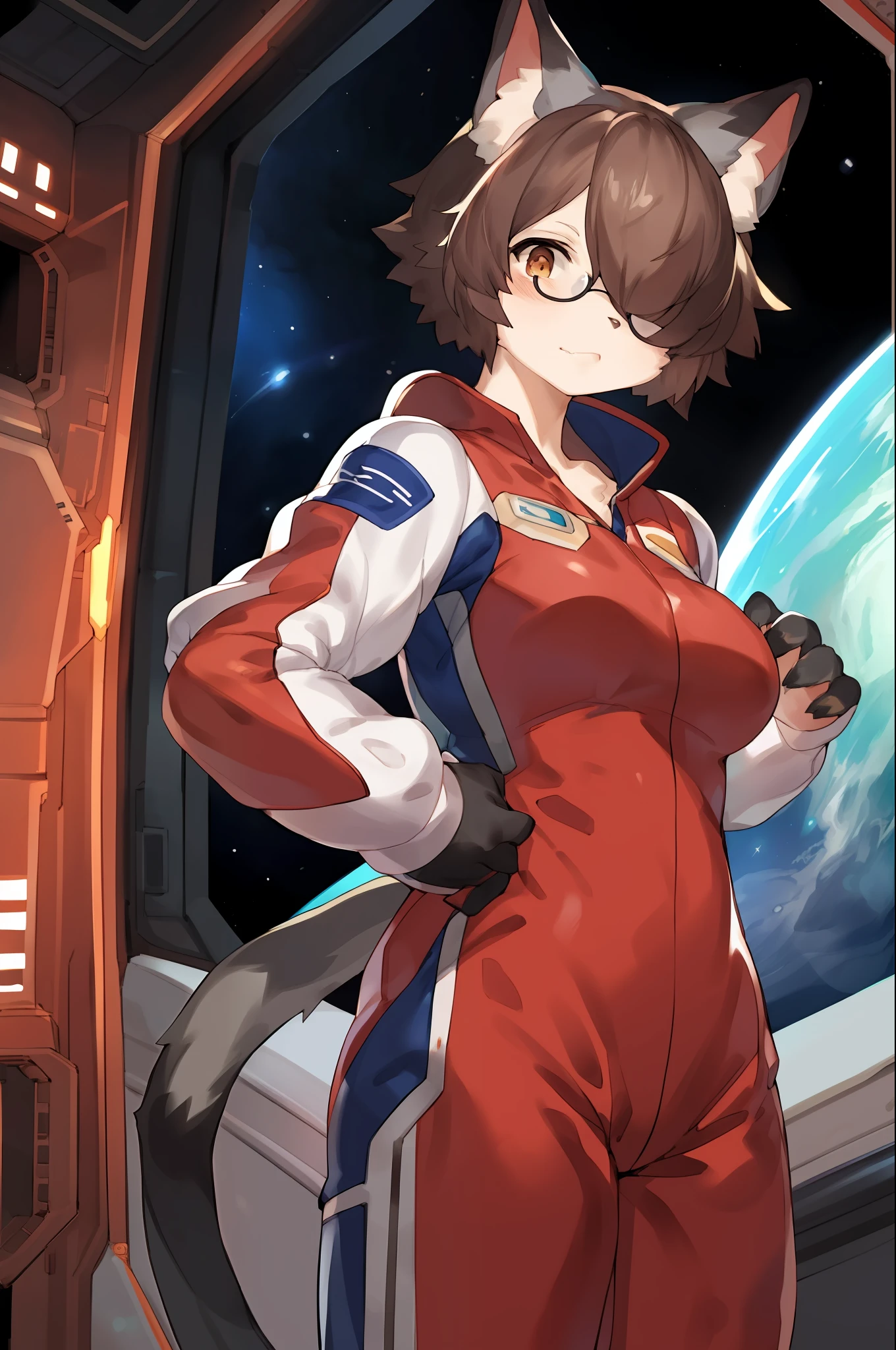 Solo, anthro, feline, domestic cat, grey fur, brown hair, short hair, hair over eye, brown eyes, red glasses, by bebebebebe, by pgm300, by buta99, by suurin 2, by sindoll, by kishibe, muscular, spaceship, space, window, (((red spacesuit))), female