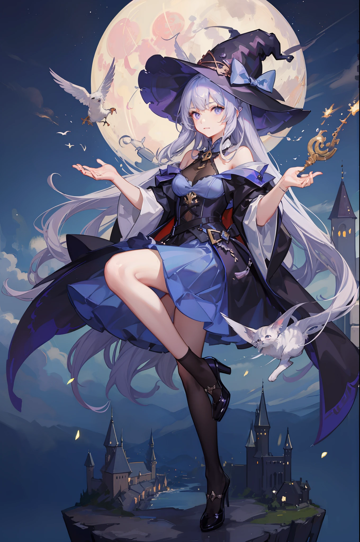 1 girl in、Light blue long hair、half up、(Purple eyes)、witch's hat、Harry Potter Dresses、Knee-length skirt、Looking at the camera、Stuffed cat、full bodyesbian、Standing Picture、fullmoon、Castles、uses magic、magic wand in hand、(High resolution of the highest quality)、((masterpiece best quality:1.2))