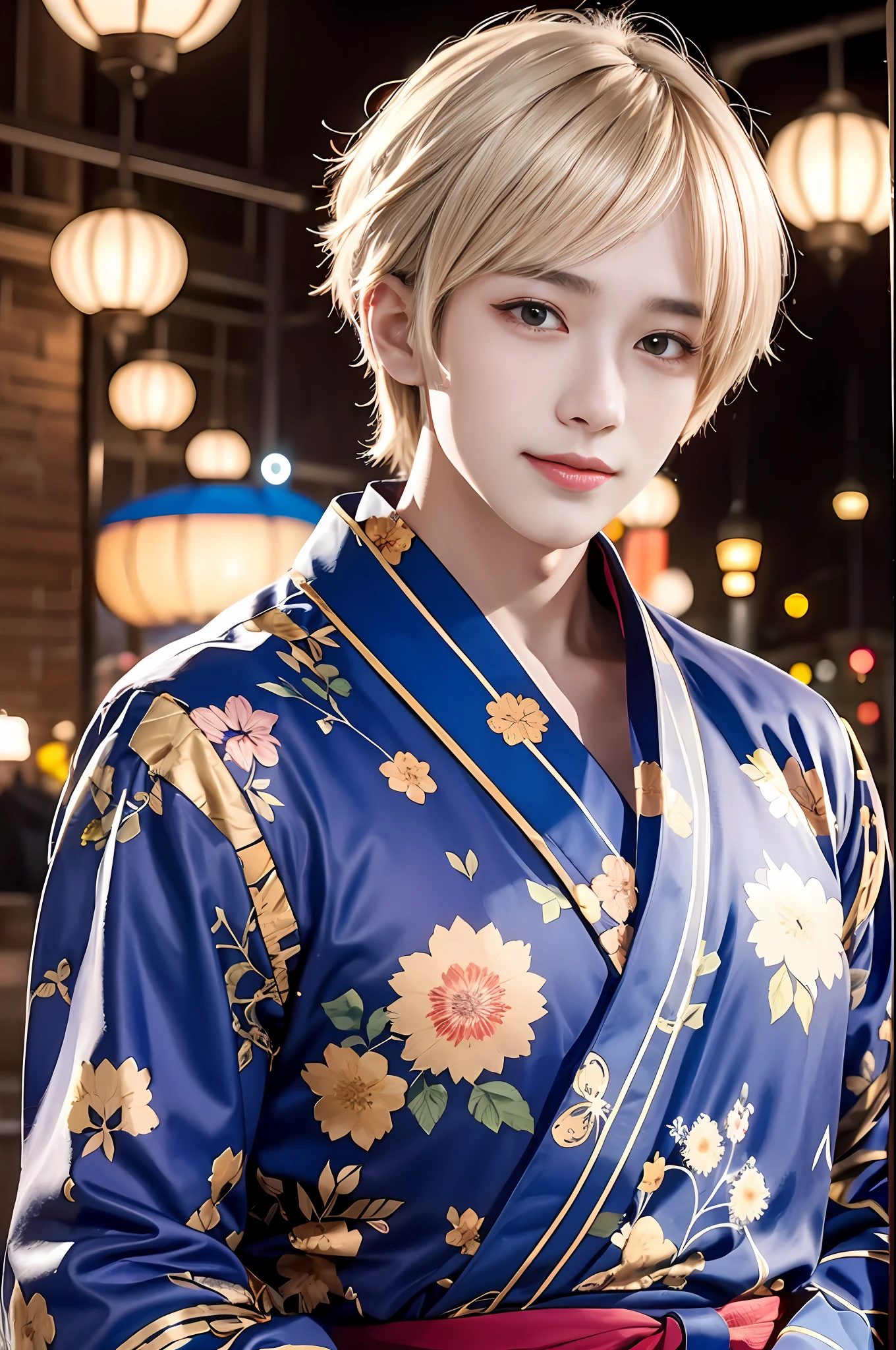 top-quality, ​masterpiece, hight resolution, 1 juvenile, Male Focus, 独奏, Beautiful Boys, put hands on the hip, cleavage of the breast, Look at viewers, A smile, Opening Mouth, Summer Festivals,  paper lanterns, Blue yukata, beautiful  lighting, a handsome, male people, ighly detailed。Young men。male in his 20s。(((male people)))。a blond。