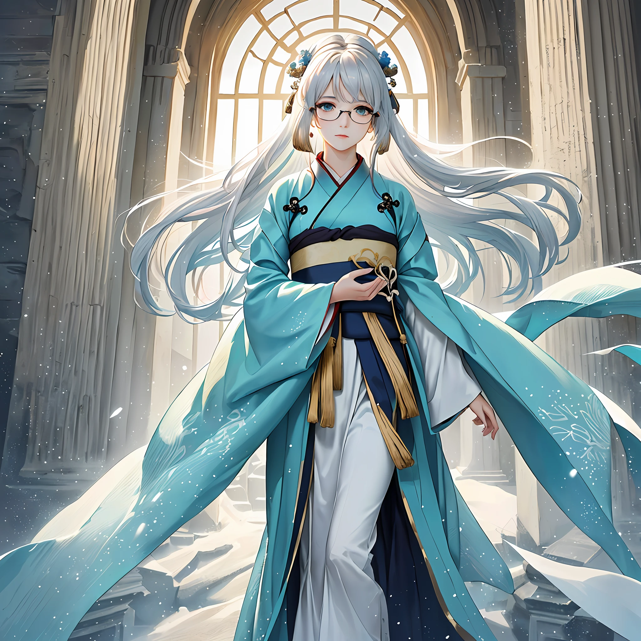 Realistic effect，Female pervert，White-haired girl，Messy hair，Ancient wind，Light cyan，Light cyan，Light cyan stockings(Delicate and mysterious antique patterns)，gold-wire glasses，Gentle temperament，The expression after the climax，winning artwork，Silhouette effect，Epic composition，Stand in front of a window with falling snow(Ancient wind)，Need，8K，The human body light and shadow effect is three-dimensional，Delicate face，Fantasyart，photographrealistic，动态照明，art  stations，poster for，Volumetriclighting，Very detailed faces，4 k''，Award-Awarded, low tune,  (Hanfu:1.4), long whitr hair,