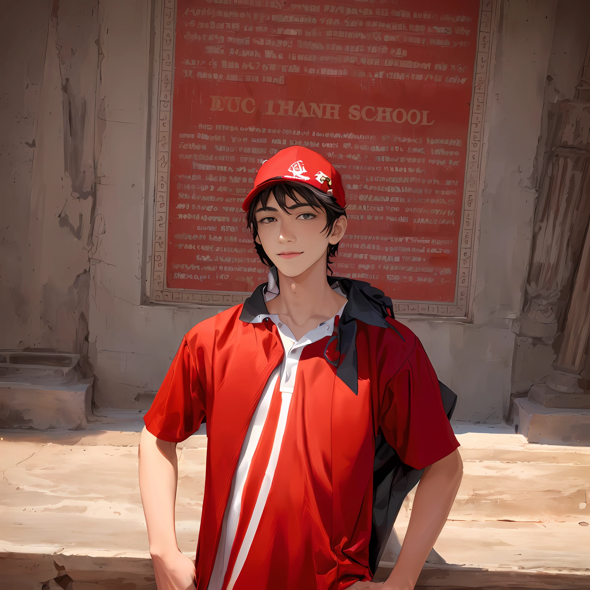 arafed boy in a red and white shirt and a red hat
