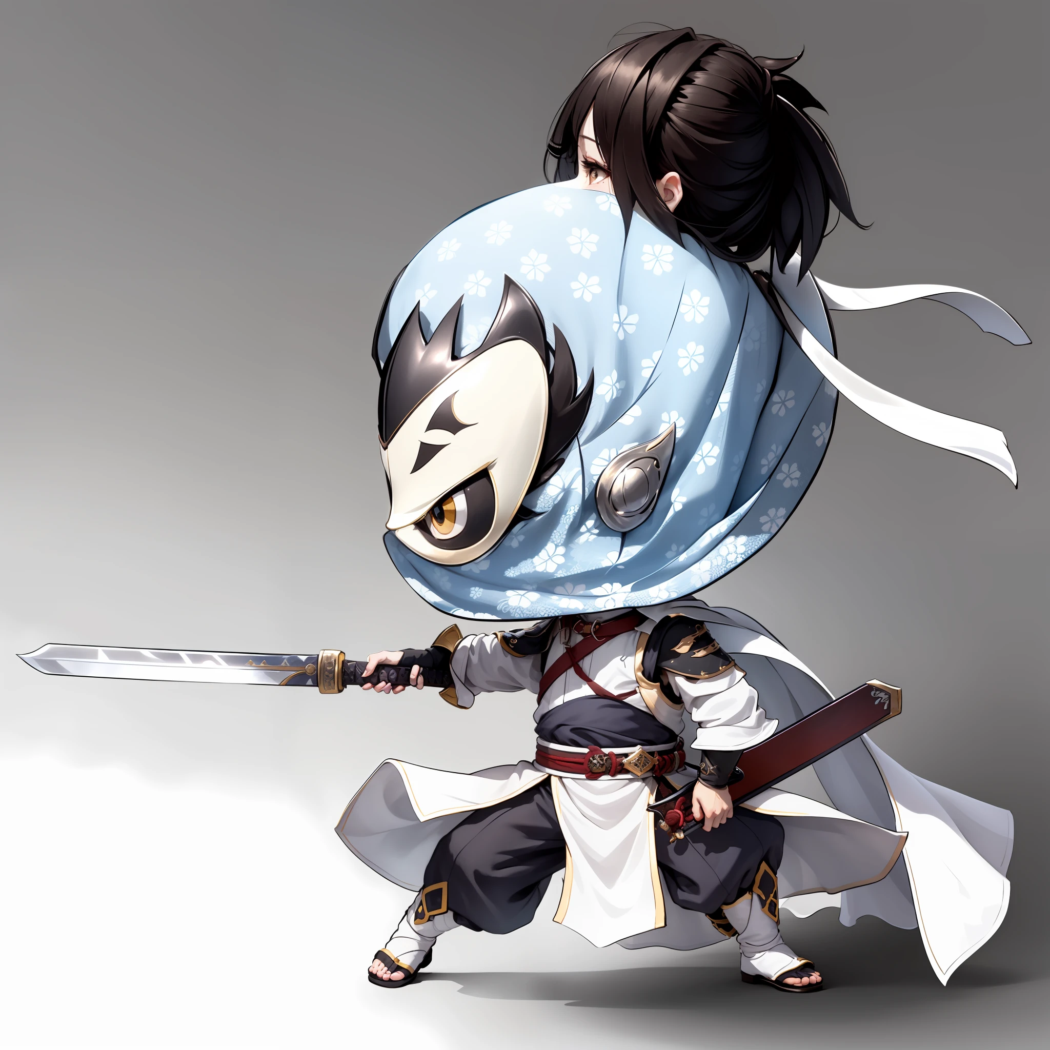 chibi,Swordsman Boy,Sword in one hand,Holding a scabbard in one hand,Chibi anime characters,The sword,sword sheath,There is a beautiful pattern on the scabbard,Refinement,Fine painting,Refinement,infinite details,high definition detail,Delicate belt,Belt accessories,Male characters,Blindfolds,sideface,swordsman,dark colored hair,Patterned,Pattern,Blank background,Bright colors,Metal edging
,The color block is clear,vibrant with colors,Artistically,The details are endless,Beautifully painted,Beautifully depicted,Blank background 8k