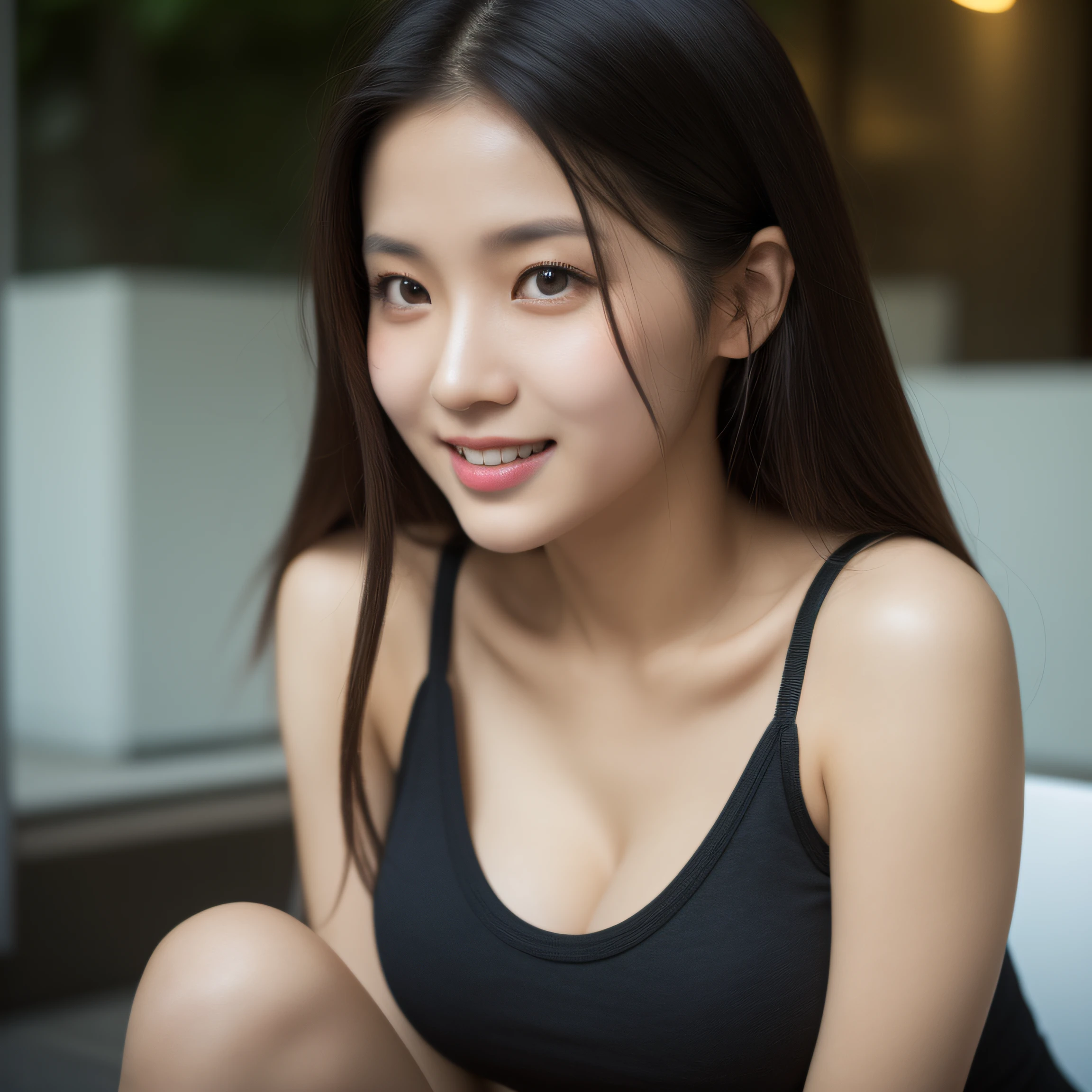 8K, masterpiece, best quality, photorealistic, ultra-detailed, 1 girl, Asian, athletic body, realistic skin texture, (breasts:1.0), (smile:1.0), gaze at viewer, cropped T-shirt, skinny T-shirt, tight tank top, hot pants shorts, micro mini skirt, very sexy, (cleavage), (lean forward), movie lighting, face focus, fine eyes, detailed face, well lit face, day light, close up shot, outdoor cafe in background