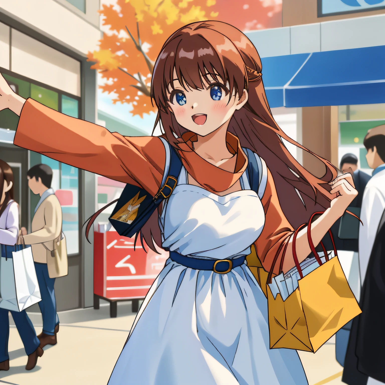 With a beautiful face、A warm, inviting smile、Imagine an attractive young woman in her 20s。She stretched out her hand、It's like inviting someone over。The style is also cute and fashionable、Fitted skirt and warm autumn color top。155 cm tall、A well-proportioned figure accentuated by a D-cup bust。Set in a bustling shopping mall、It's full of life like a shopping date。Make your images as realistic as possible、Capturing the essence of real-world scenarios。photography hyperrealism、A highly detailed、Use high-resolution 16K。Camera EF 50mm f1 on Canon EOS 5D Mark IV DSLR.8 STM lens、Resolution 30.4 megapixels、ISO sensitivity of 32,000、Shutter speed 8000 second。