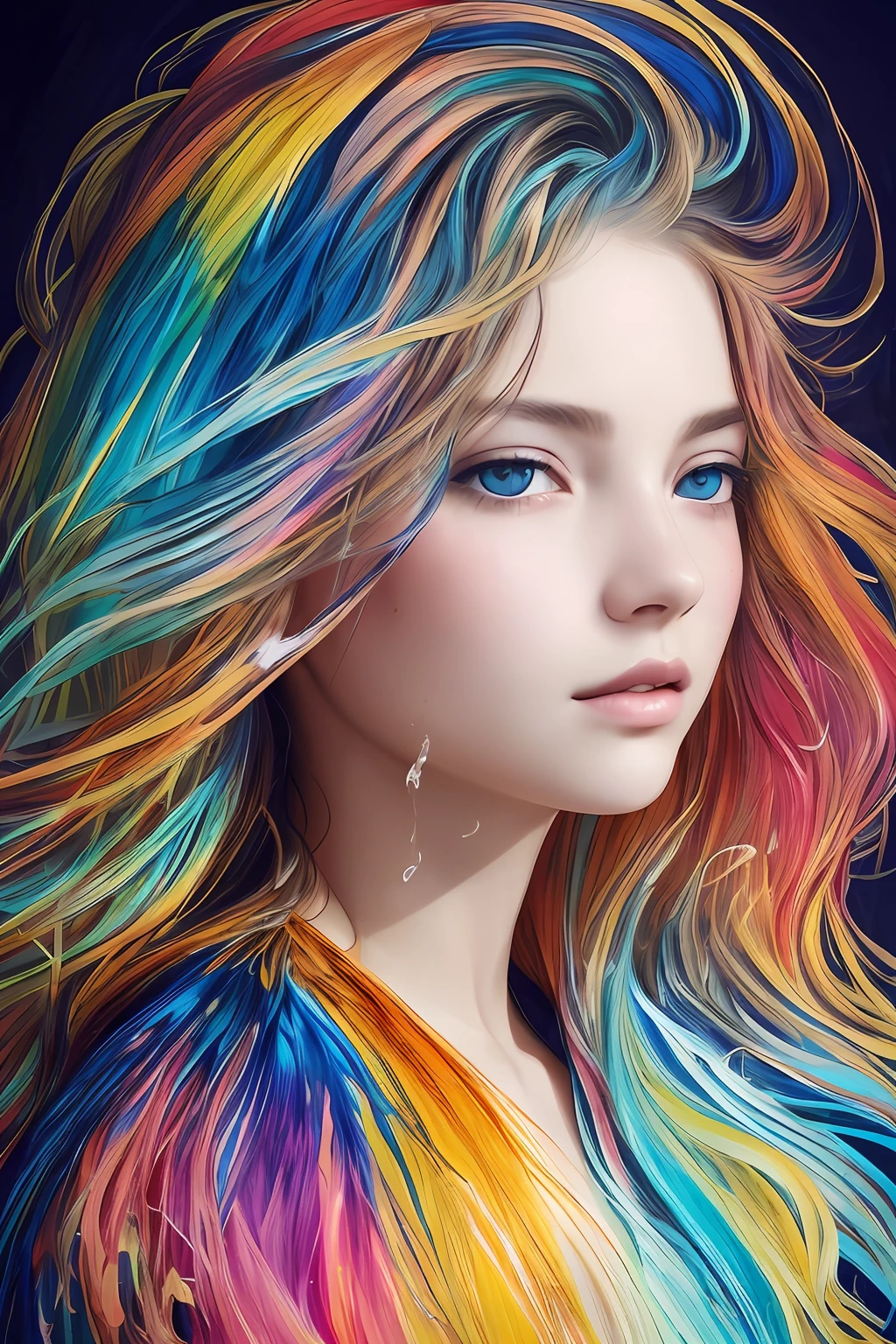 Colorful beautiful girl: a giru 8-, messy hair, oil painting, nice perfect face with soft skinice perfect face, blue yellow colors, light purple and violet additions, light red additions, intricate detail, splash screen, 8k resolution, masterpiece, cute face,artstation digital painting smooth veryBlack ink flow: 8k resolution photorealistic masterpiece: intricately detailed fluid gouache painting: by Jean Baptiste Mongue: calligraphy: acrylic: watercolor art, professional photography, natural lighting, volumetric lighting maximalist photoillustration: by marton bobzert:, complex, elegant, expansive, fantastical, wavy hair, vibrant