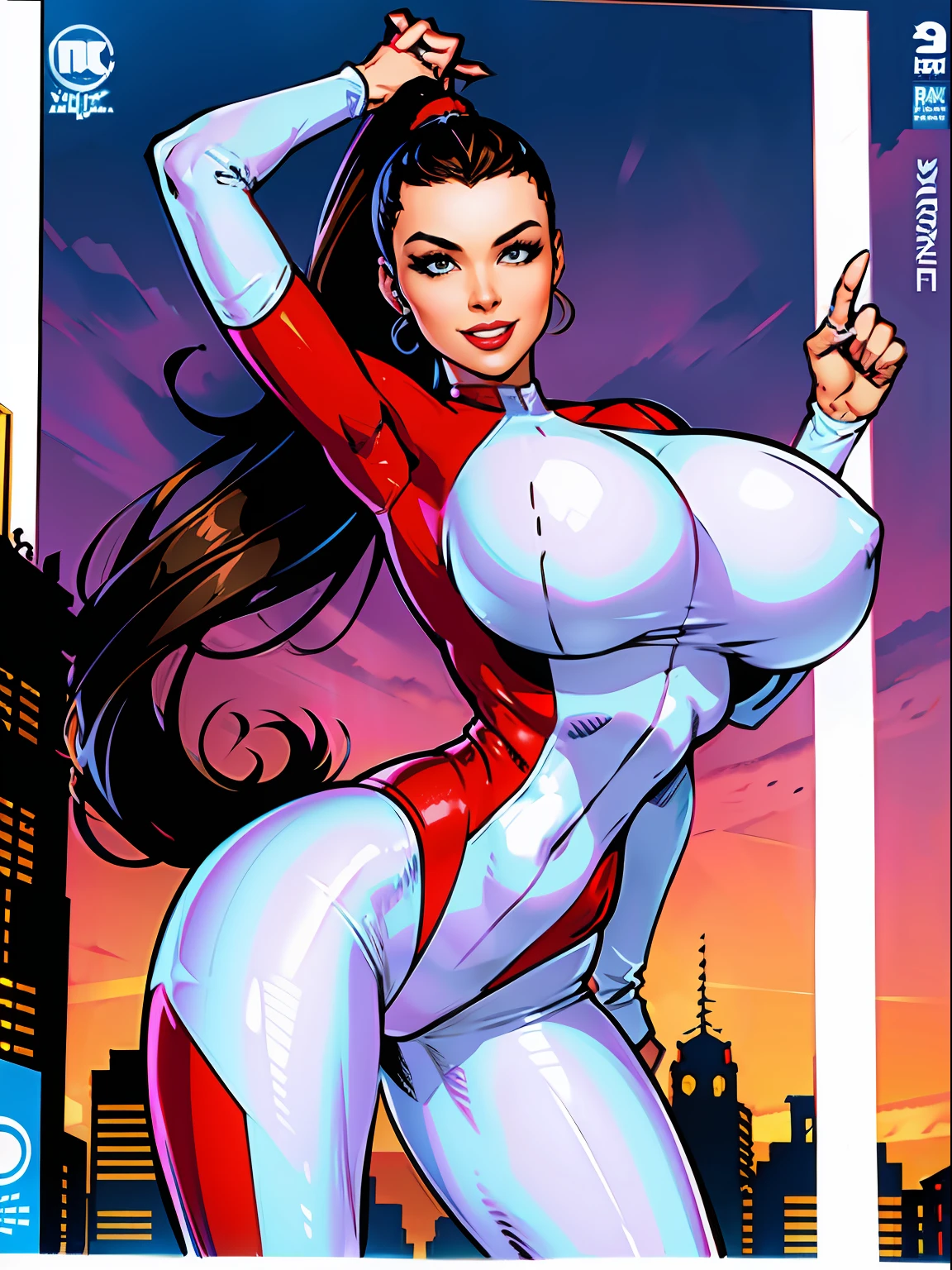 1girl, sexy pose, cheerful, posing for cameras, hands on hips, Stretcher the busty comic book woman, happy, smiling, stretching, hand on hip, long hair, huge ponytail, slim, thin, athletic, womanly, rubbery, elastic woman, white and red spandex, rubber body, brunette, ((huge breasts)), city, heroic, cheerful, (bold nose, hawkish features),