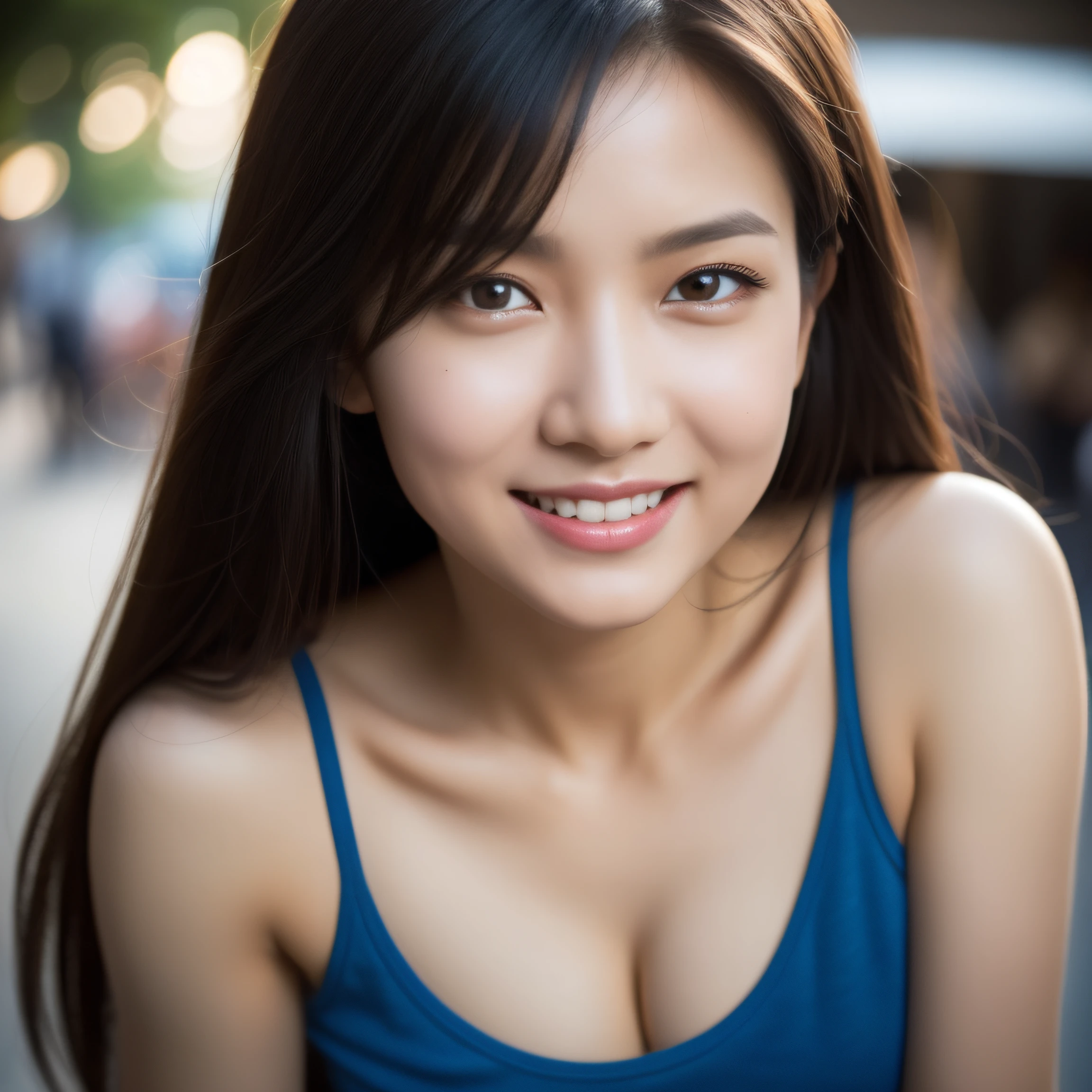 8K, masterpiece, best quality, photorealistic, ultra-detailed, 1 girl, Asian, athletic body, realistic skin texture, (breasts:1.0), (smile:1.0), gaze at viewer, cropped T-shirt, skinny T-shirt, tight tank top, hot pants shorts, micro mini skirt, very sexy, (cleavage), ((lean forward)), movie lighting, face focus, fine eyes, detailed face, well lit face, day light, close up shot, outdoor cafe in background