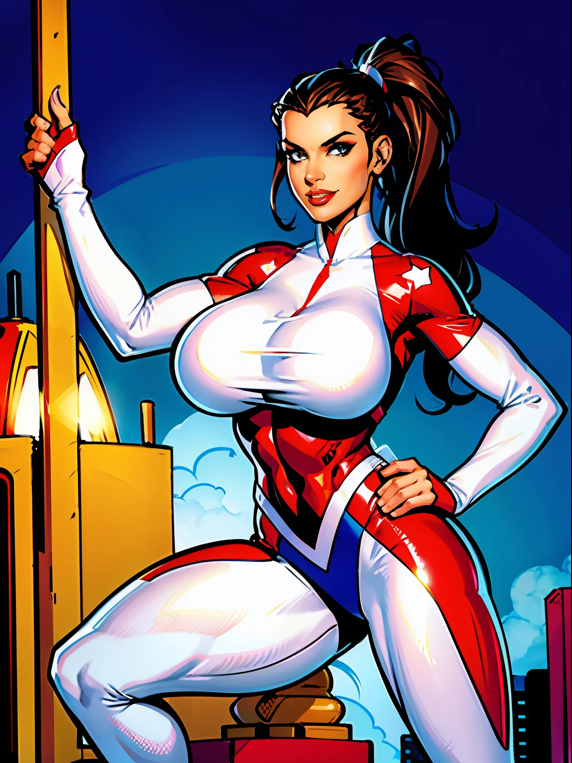 1girl, sexy pose, posing for cameras, hands on hips, Stretcher the busty comic book woman, happy, smiling, stretching, hand on hip, long hair, huge ponytail, slim, thin, athletic, womanly, rubbery, elastic woman, white and red spandex, rubber body, brunette, ((huge breasts)), city, heroic, cheerful, (bold nose, hawkish facial features),