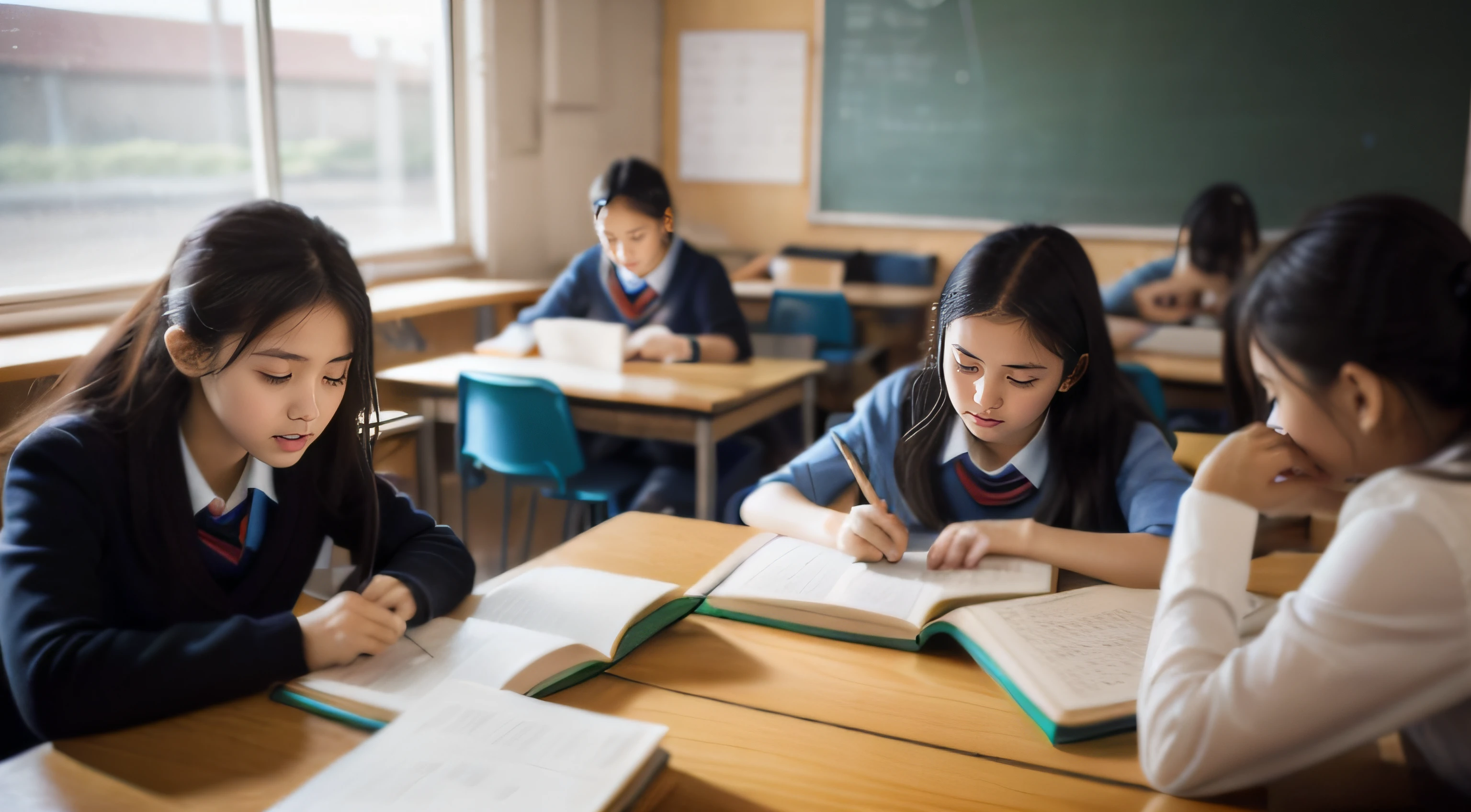 In a bustling school classroom, Students studying intensively.
break
Complex math problems are written on the blackboard, Eta、Students are writing down solutions in a notebook.
break
Some students are reading books, While others are having group discussions.
break
Outside the window, Fresh Green Tree々Swaying in the wind. The classroom is quiet, Only the sound of learning is heard.