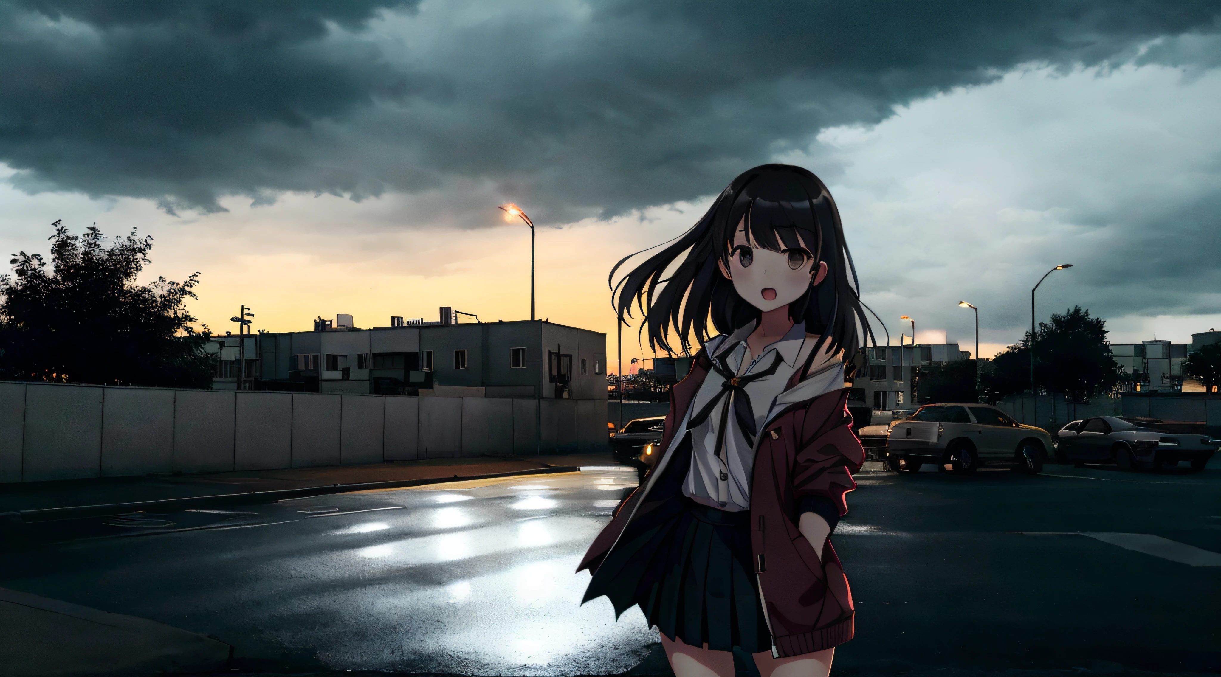 anime_irl,  a building with a light on at night time with a street light in front of it and a dark sky, 1girl, bangs, black hair, black legwear, black shirt, black skirt, blunt bangs, building, cityscape, clouds, cloudy sky, day, down jacket, expressionless, feet out of frame, grey eyes, jacket, kgt \(pixiv12957613\), lamppost, looking at viewer, off shoulder, on roof, open clothes, open jacket, open mouth, outdoors, parking lot, red jacket, rooftop, scenery, shadow, shirt, skirt, sky, sleeves past wrists, solo, standing, sunlight