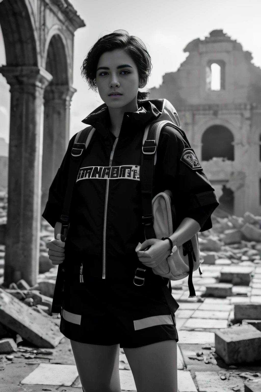 RAW photo, black andwhite，short detailed hair，Capable face，hyper realisitc，Combat uniforms with stains，cyber punk perssonage，The girl was carrying an oversized backpack，Standing in the ruins，8K  UHD, High quality, filmgrain, Fujifilm XT3