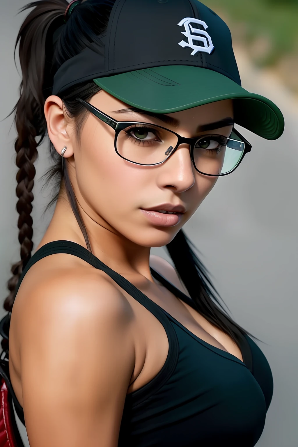 there is a latina woman with glasses and a baseball cap, an edgy assassin, diesel punk female, (black hair, straight, messy, ponytail) brown skin, green eyes, thick eyebrows, angry expression, close up half body shot, character close up,