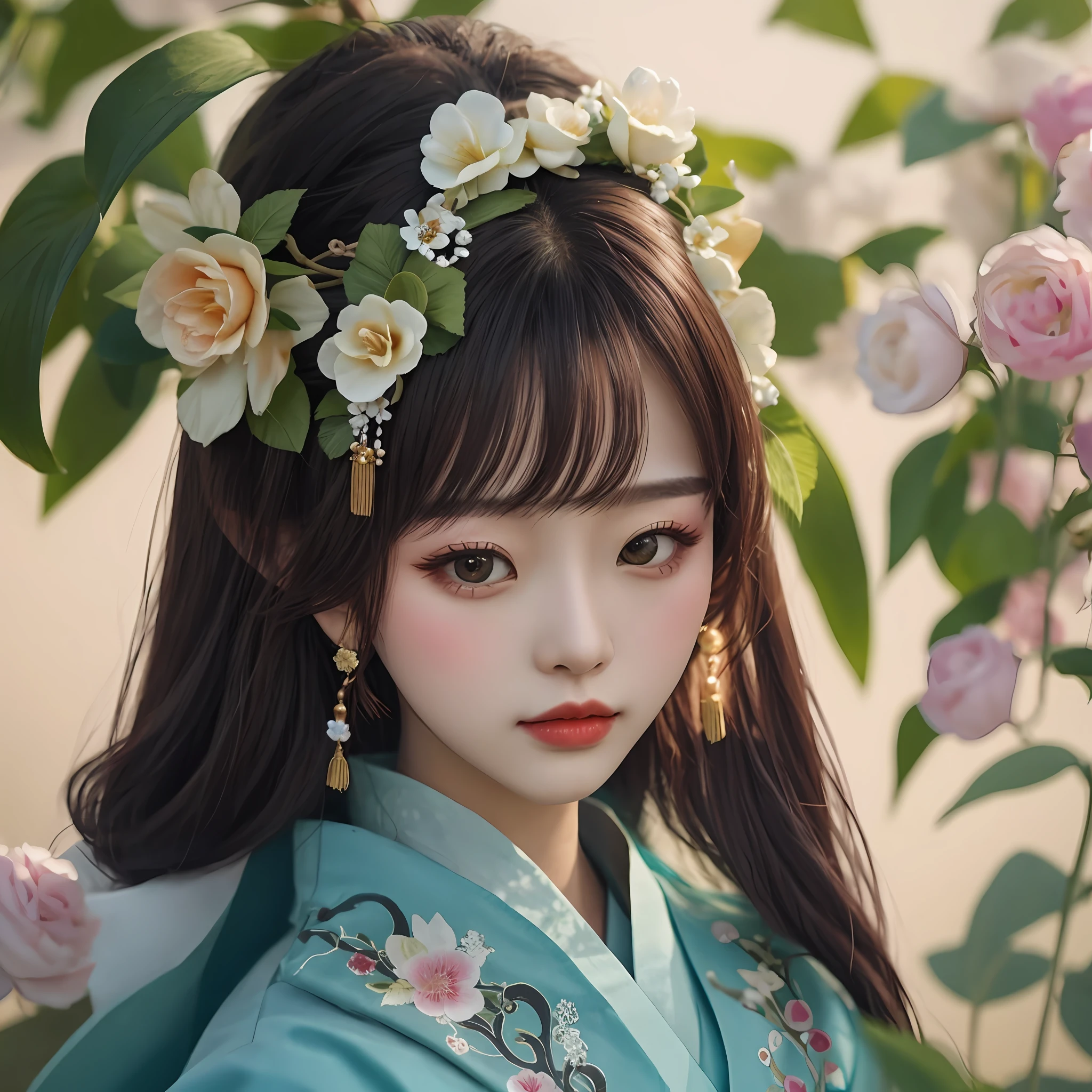 Hanfu，Close-up of a woman，Flowers in the hair, ancient chinese beauti, traditional female hairstyles, eardrop，Delicate headgear