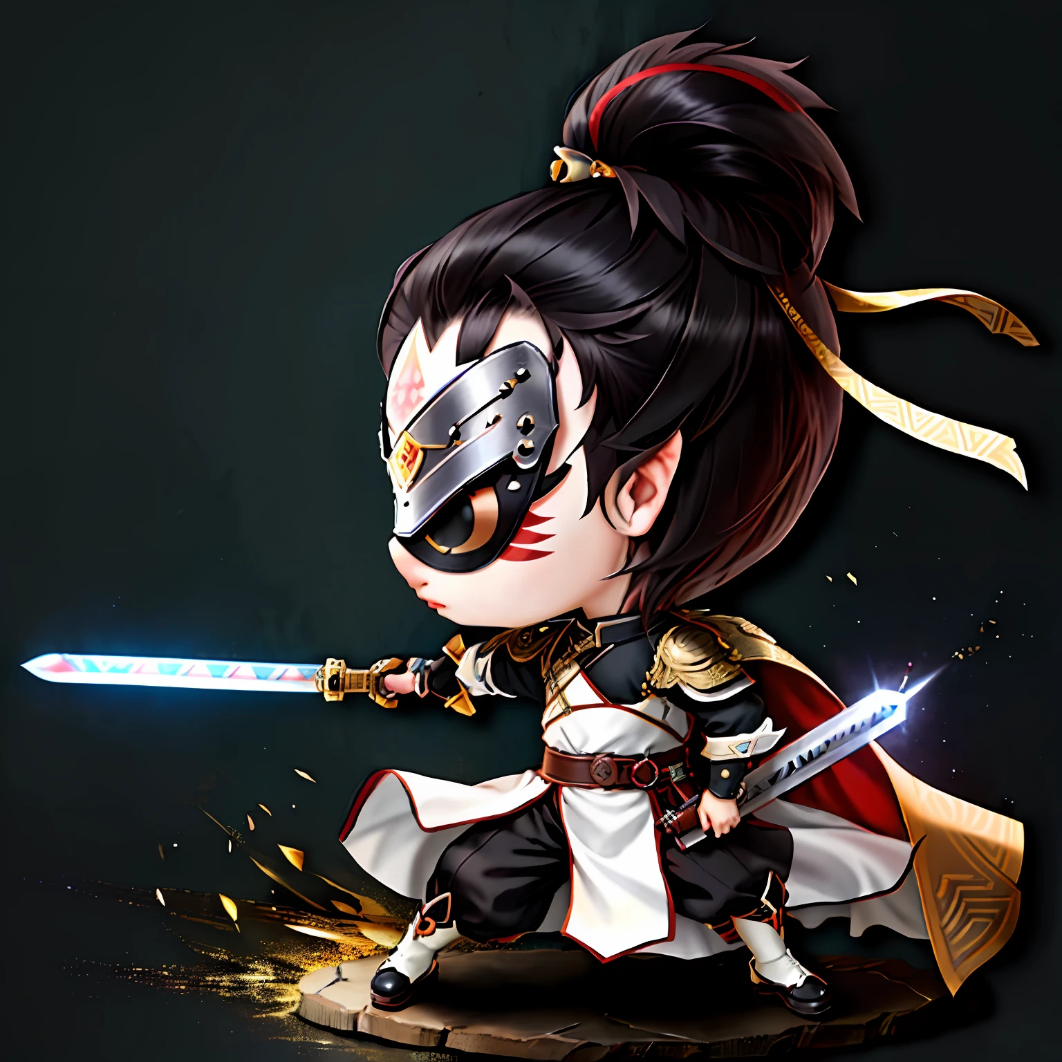 Chibi anime characters,The sword,sword sheath,There is a beautiful pattern on the scabbard,Refinement,Fine painting,Refinement,infinite details,high definition detail,Delicate belt,Belt accessories,Male characters,Blindfolds,sideface,swordsman,dark colored hair,Patterned,Pattern,Blank background,Bright colors,Metal edging