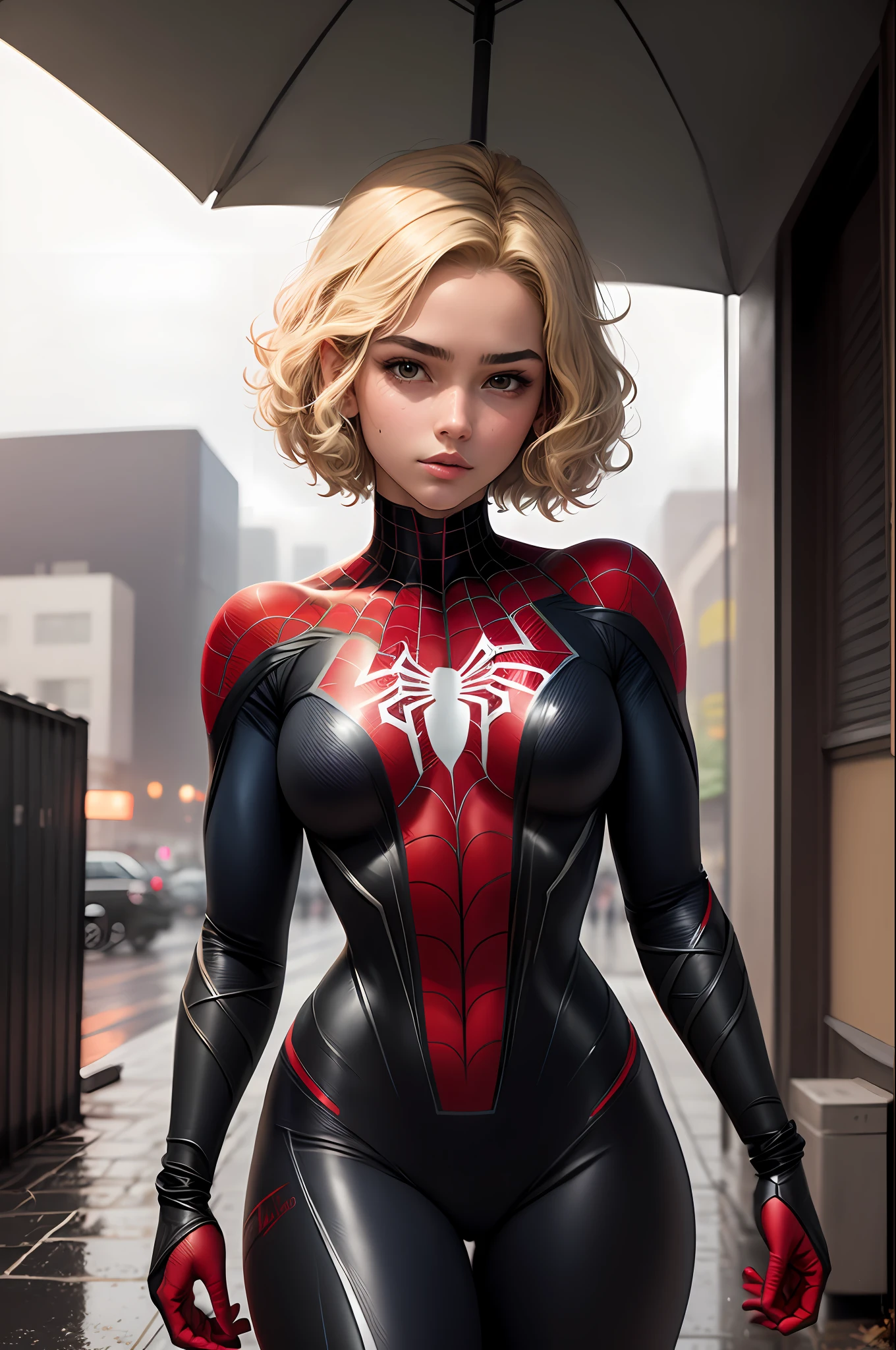 18 year old girl, black Spider-Man suit, short curly hair, blonde hair, beautiful face, rain, roof, masterpiece, exquisite details, perfect anatomy