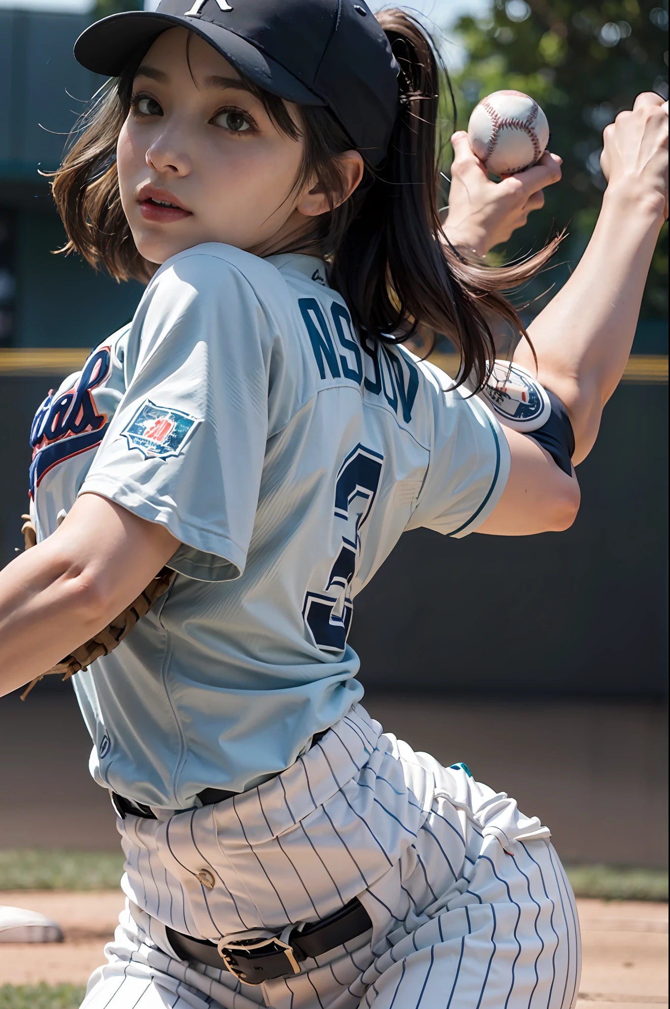 ultra-detailliert,(1girl solo,:1.3),(Baseball:1.4),(pitching:1.3),((pitching?mound:1.3)),((baseball uniform:1.3)),(Unity 8k壁纸), (Bold dynamic and powerful), (Wide Shot:1.3),Full body,(slim chest)+, Ponytail, Baseball Cap, Blue hair, asymmetrical bangs,Shadow,(masutepiece, Best Quality:1.3),(Background Light Up:1.2),

Beautiful detailed,(((Best Quality,textile shading,ultra-detailliert))),extremely,Aqua Eye,during daytime,blush,a sticker,white,silky,fabulous,(Hand Focus),