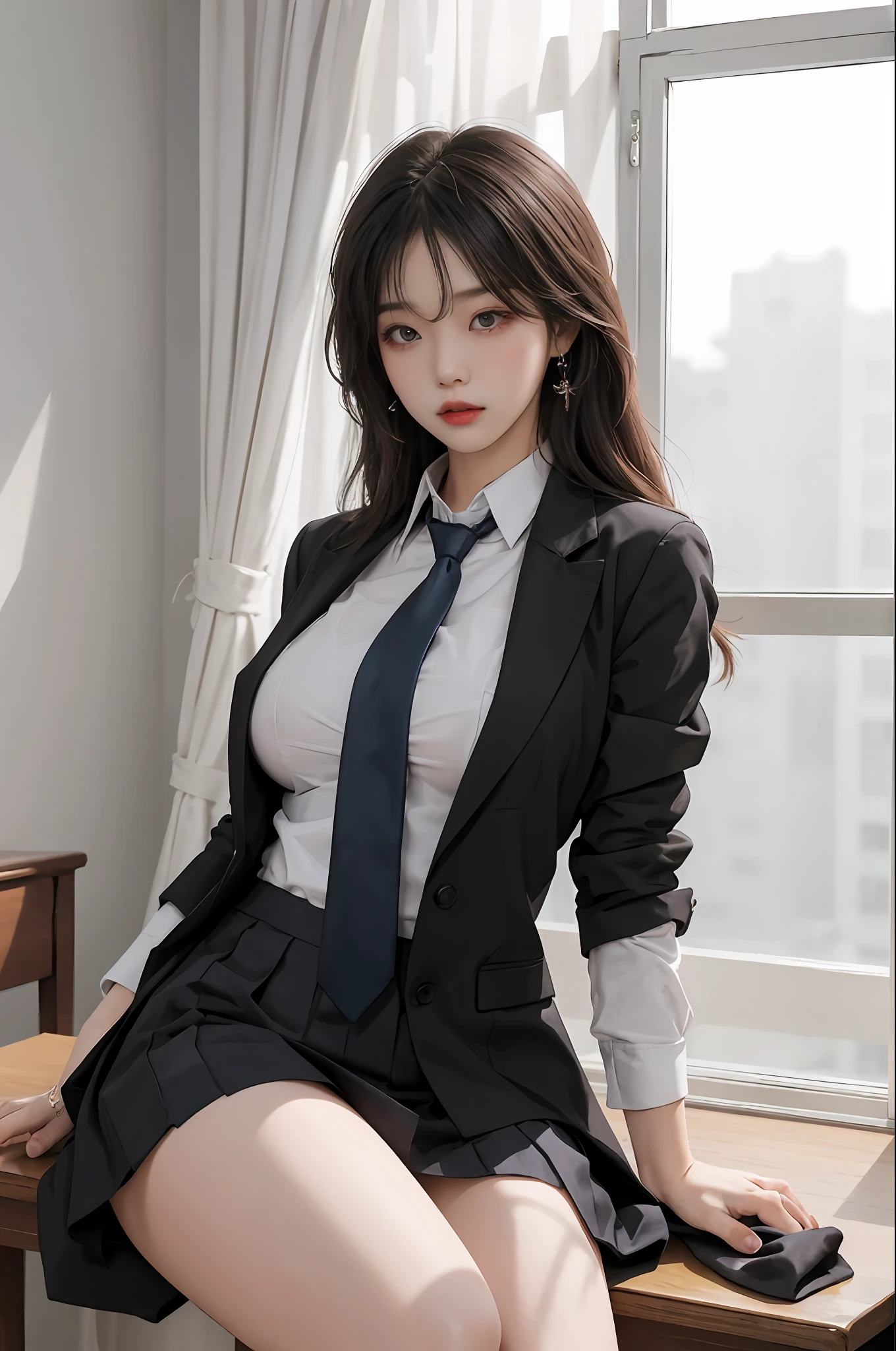 a Korean girl walking in the school, school, a white wall, a grey table, sexy poses,
(((masterpiece))), ((best quality)), ((intricate detailed)), ((Hyperrealistic)), absurd res, milf, mature woman, perspective, highly detailed, illustration, 1girl, ((large breasts)), perfect hands, detailed fingers, beautiful detailed eyes, long hair, brown eyes, nametag, CEO, (Korea school outfit:1.2), school blazer, school shirt, skirt, long school necktie, earrings, detailed background, bedroom, perfect eyes, seductive eyes, looking at the viewer, from front