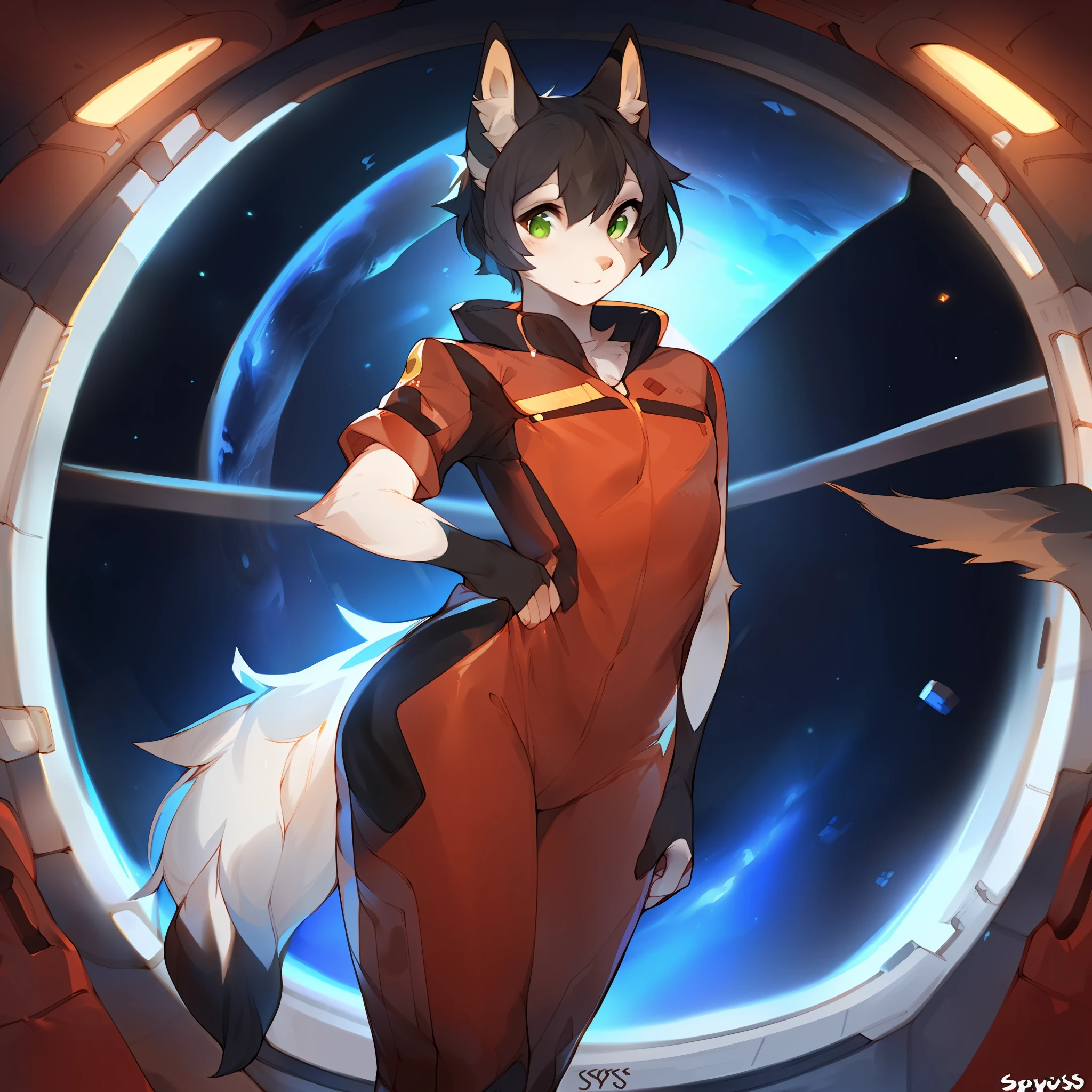 Solo, male, red military uniform, red spacesuit, standing, spaceship, space, window, (((by spuydjeks, by bebebebebe))), ((by spikedmauler)), by chelody, by buta99, by Shirokoma, fox, black hair, green eyes, short hair, ((femboy, girly))