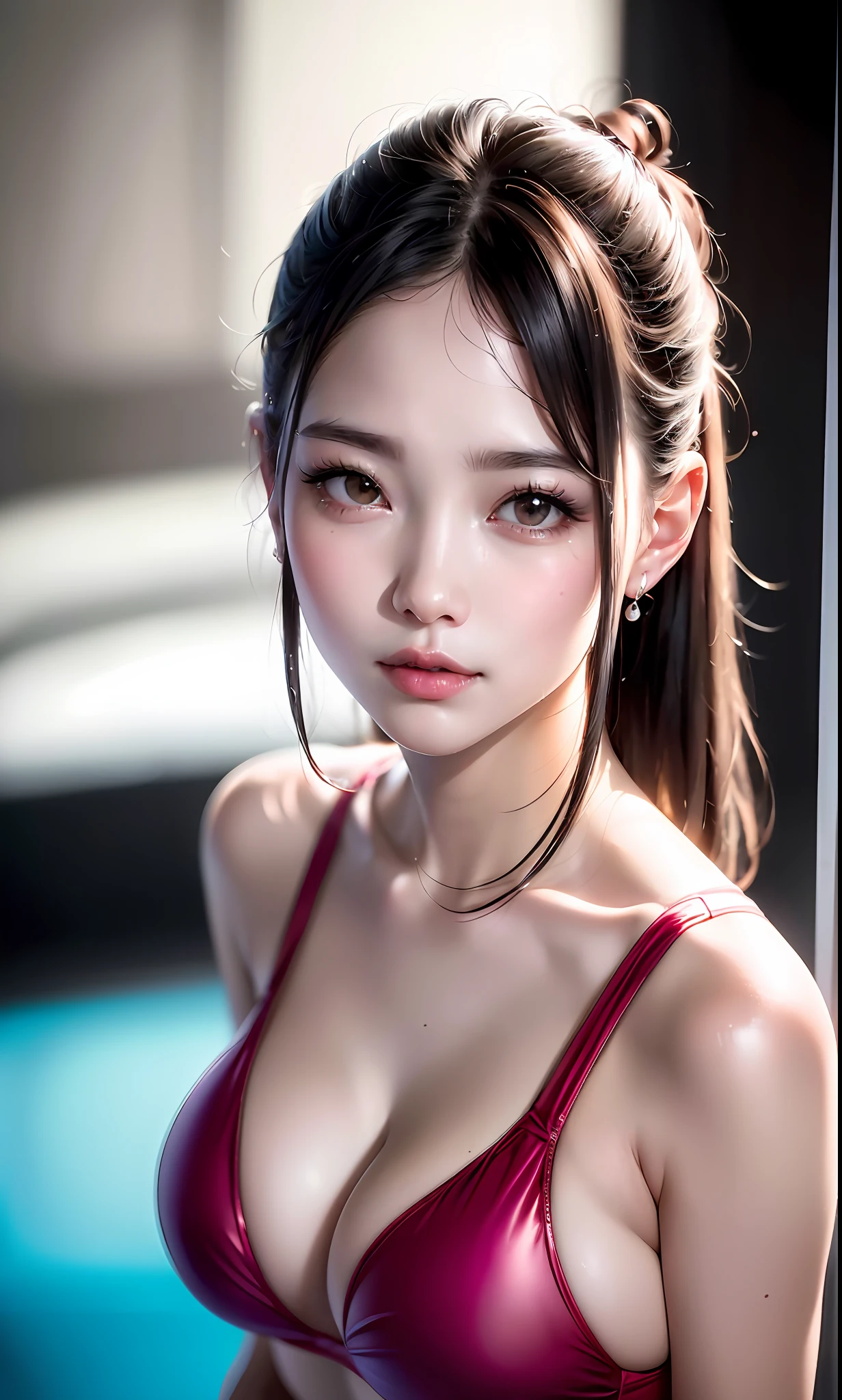 (8K、Raw photography、Photorealsitic:1.25)、(lipgloss、Eye lashes、Gloss Face、Glossy skin、top-quality、超A high resolution、depth of fields、chromatic abberation、Caustics、Broad lighting、Natural Shading、Kpop Idol)Gaze at the audience with silence and goddess-like bliss、Competitive swimsuit、Lie down
