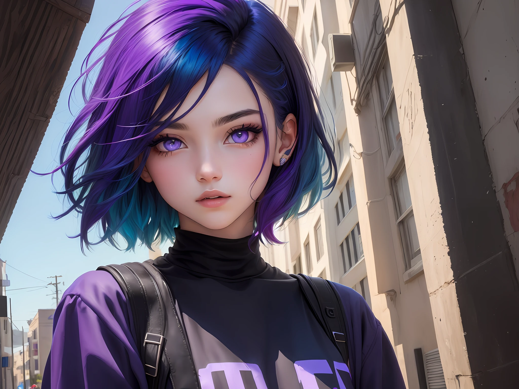 Black and blue hair, purple eyes, teenager