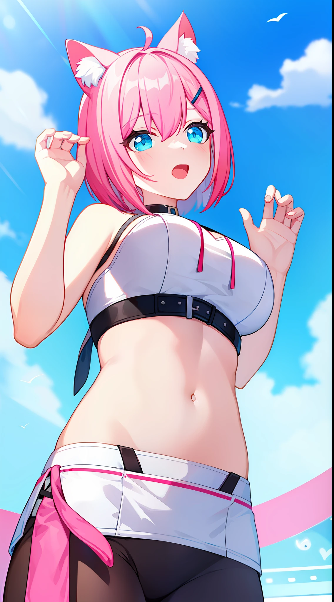 young girl, short pink hair, Cyan eyes, cat ears, White leather top, Sleeveless, open belly, open breasts, Masterpiece, hiquality