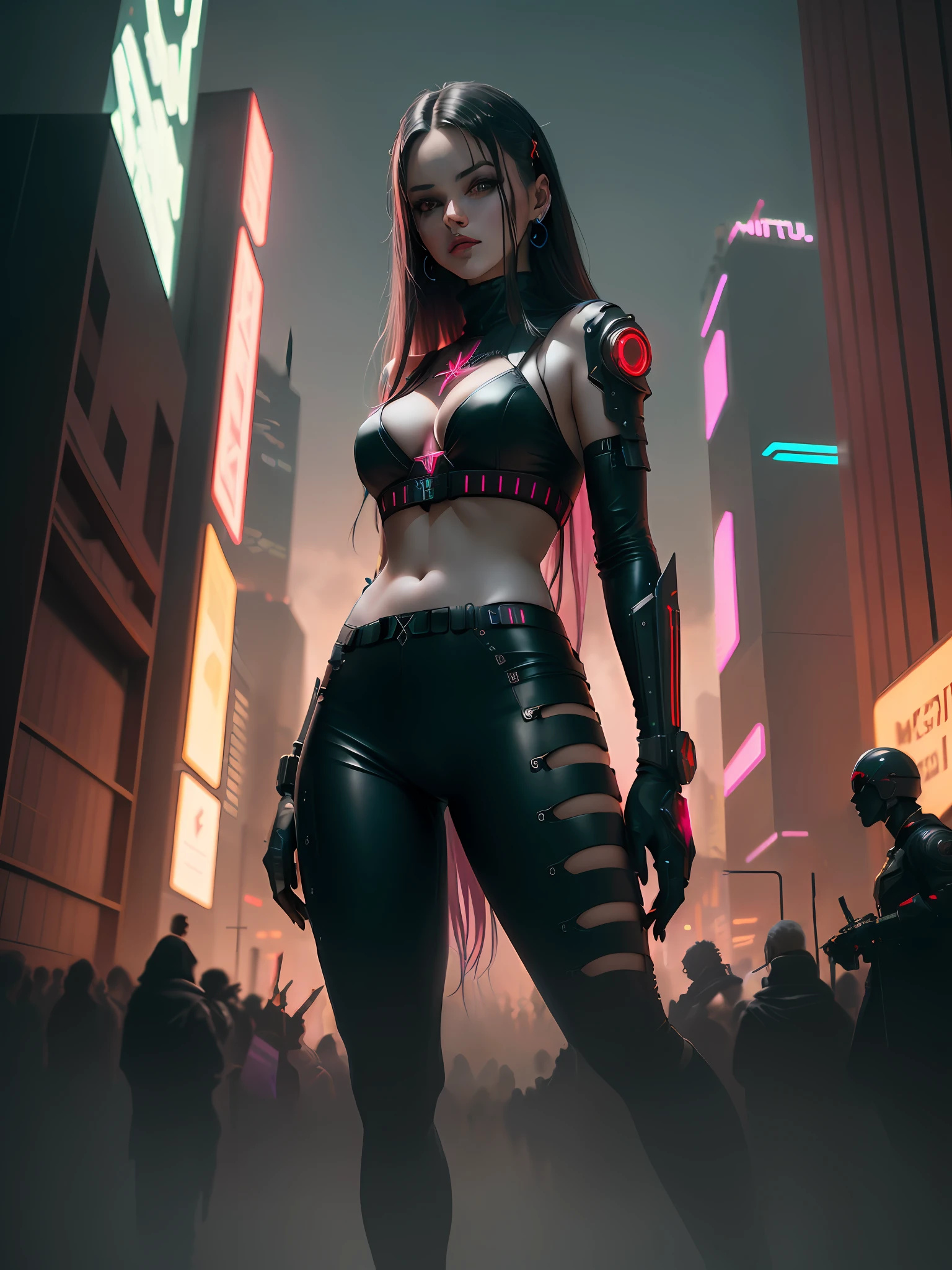 grande predio, futurista, com neon e an~uncions, cyberpunk, hologramas sexy gigantes, futurista