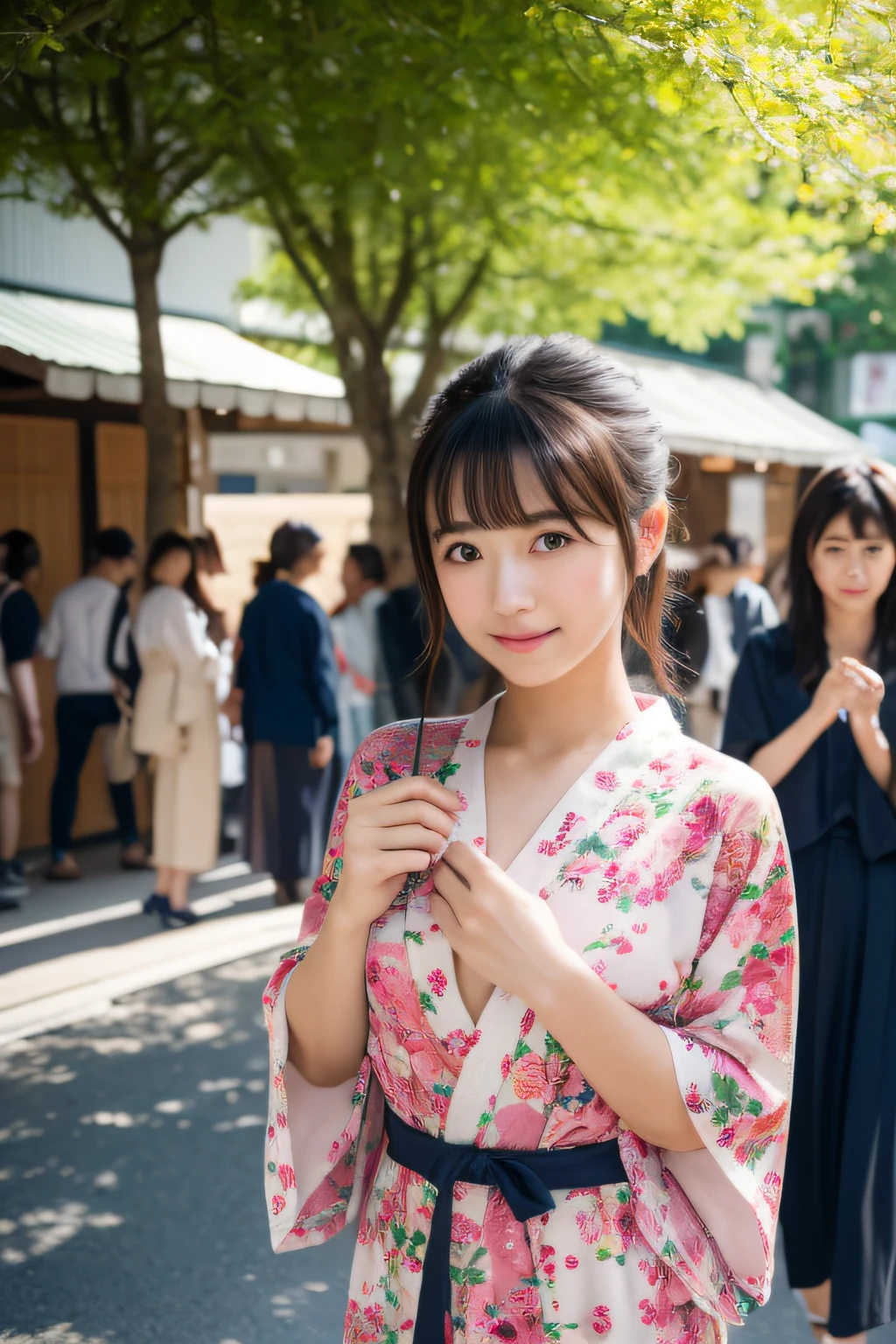 (top-quality、8K、32K、masterpiece、nffsw:1.2)、Photo of a cute Japanese woman、女の子 1 人、(Medium short dark brown hair)、(small tits)、二重まぶた、Japan floral yukata、matsuri 、In the street、Temples、The upper part of the body、