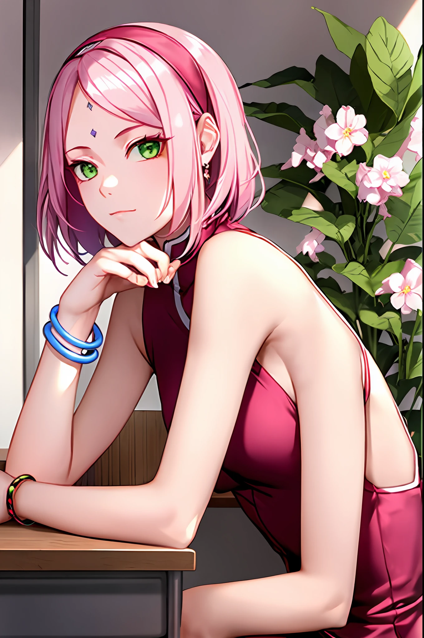 haruno sakura, boruto: naruto next generations, naruto \(series\),

1girl, bangs, bare arms, bracelet, closed mouth, desk, facial mark, flower, green eyes, hairband, indoors, jewelry, parted bangs, pink flower, pink hair, red hairband, red shirt, shirt, short hair, sitting, sleeveless, sleeveless shirt, solo, spring (season), upper body
, ((masterpiece))