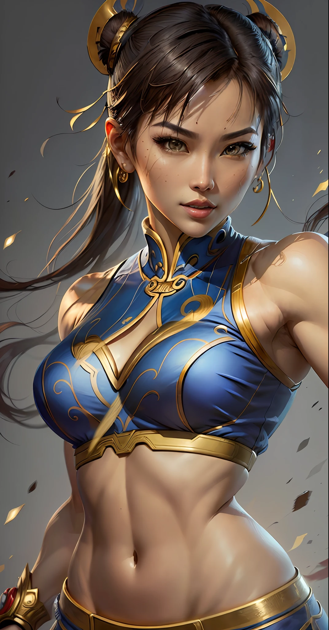 A woman in a blue shirt and gold pants，portrait of chun - li, portrait of chun li, Chun- li, chun - li, chun li, Extremely detailed Artgerm, chun li at the gym, artgerm 4 k, artgerm detailed, G Liulian art style, Art germ. High detail