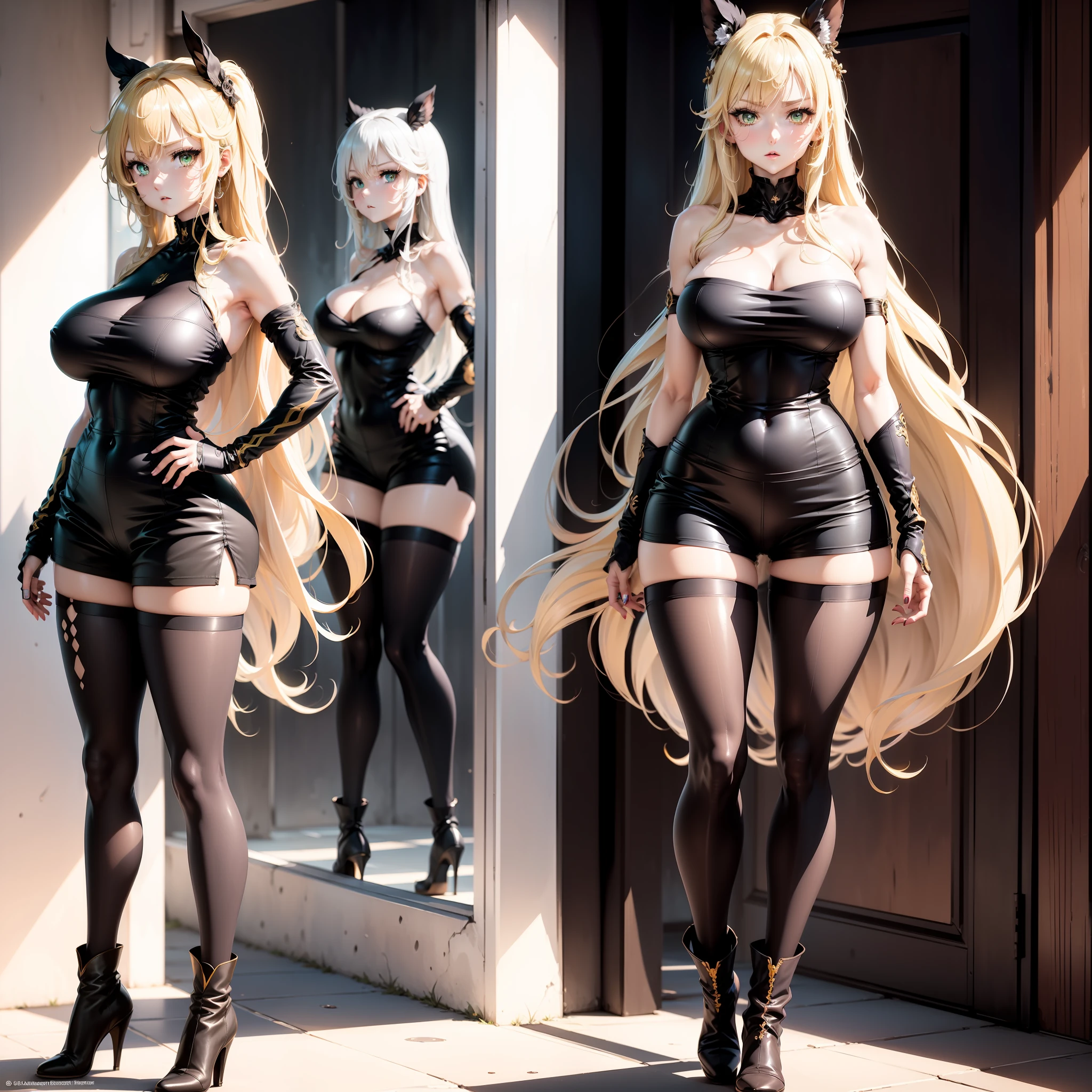 anime, anime style, UHD, retina, masterpiece, ccurate, anatomically correct, textured skin, high details, high quality, super detail, award winning, best quality, highres, 8k,A beautiful lady with long blonde hair,Beautiful green pupils,Broke pantyhose, shorts, suede booties,Perfect figure, full of temptation, Hollow tights, huge breasts,Tall and very beautiful.