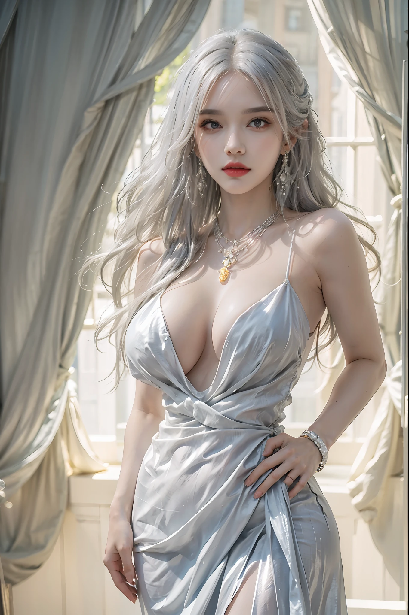 photorealistic, high resolution, 1 woman, solo, hips up, beautiful eyes, white hair, long hair, huge breast, bracelets,elegant necklace, elegant diamond earrings, stlouis, blue dress, revealing clothes