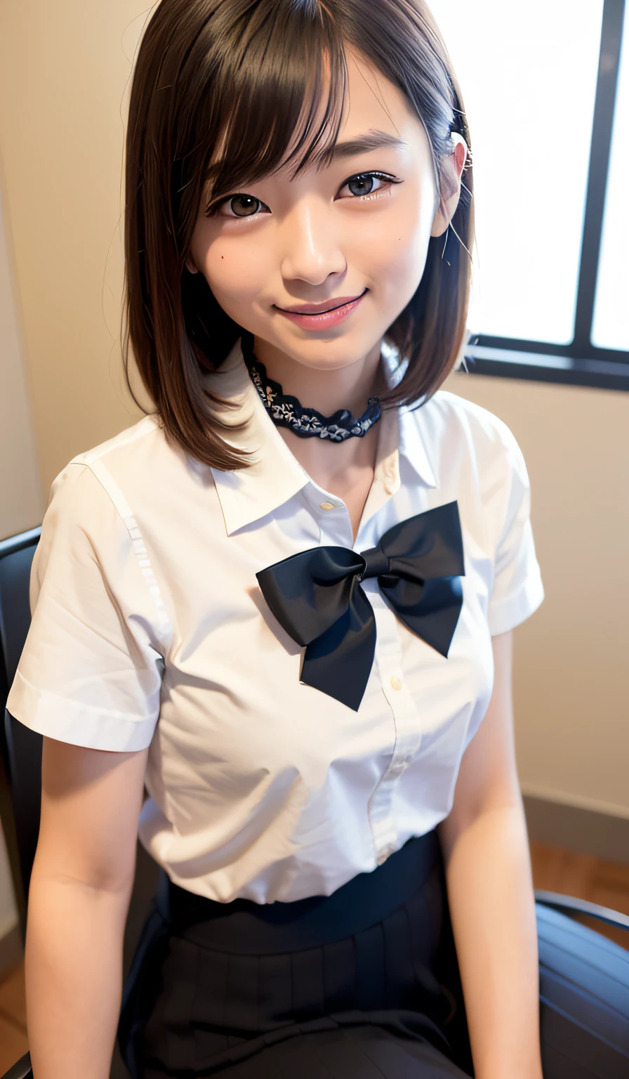 (8K、Raw photography、top-quality、masterpiece:1.2)、(realisitic、Photorealsitic:1.37)、ultra-detailliert、
1 beauty、18year old、独奏、Beautiful detailed sky、Detailed Cafe、natta、sitting on、date、(blush of the nose)、(A smile:1.1)、(Mouth closed)、small tits、seducting smile、large aparture、profetional lighting、Sony A7R4、Zessie 50mm f1.8、
medium breasts、Beautiful Detail Eye、(shirt with collar:1.1)、a bow tie、pleatedskirt、(short-hair:1.2)、Floating hair、schools