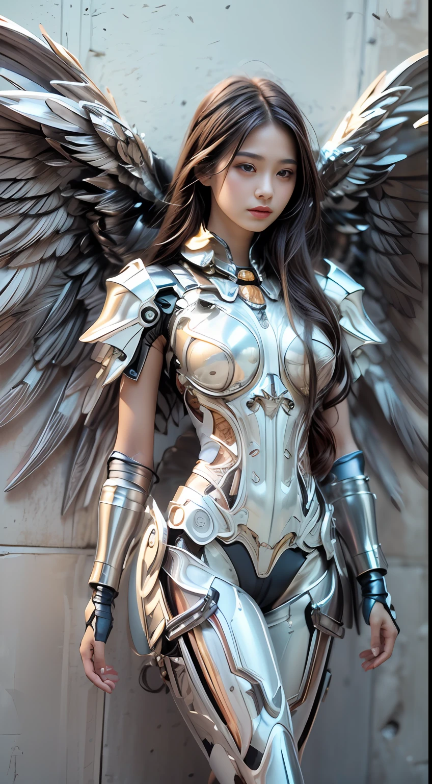 a beautiful woman (Masterpiece mech:1.1 Angel's wings,(Best quality, Detailed details, Masterpiece, , 4K, Chiaroscuro,Super realistic, highly detailed ,Canon Videography )