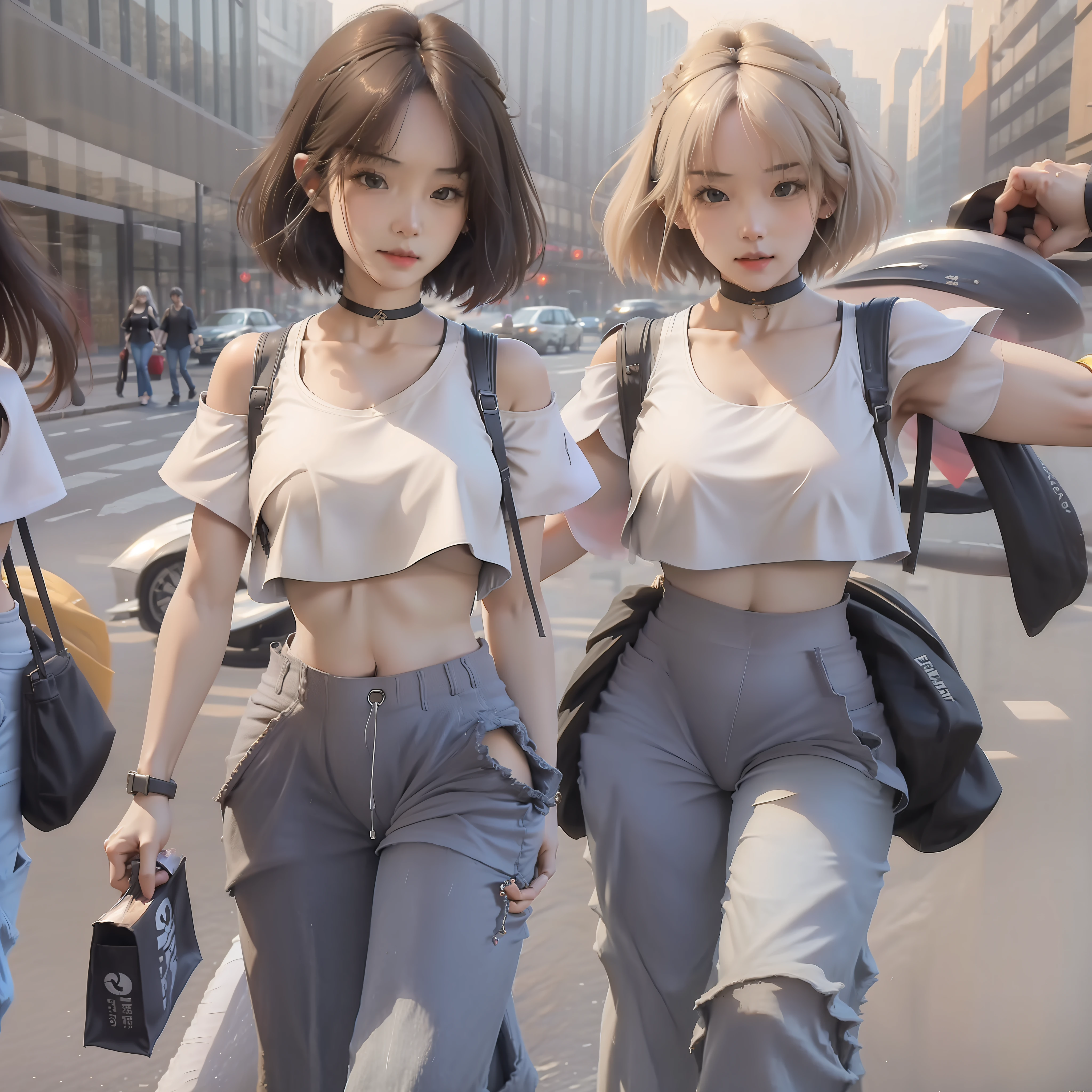((best qualtiy, 8k, tmasterpiece:1.3)), Focus:1.2, perfect figure beautiful woman:1.4, Cocked buttocks:1.2, ((Cut hair in layers:1.2)), , (dark Street:1.3), Highly detailed facial and skin texture, full bodyesbian,A detailed eye, 二重まぶた,Whiten skin,long whitr hair,(with a round face:1.5),(Loose crop top,shorter pants:1.6),Wearing an Apple Watch on his hand