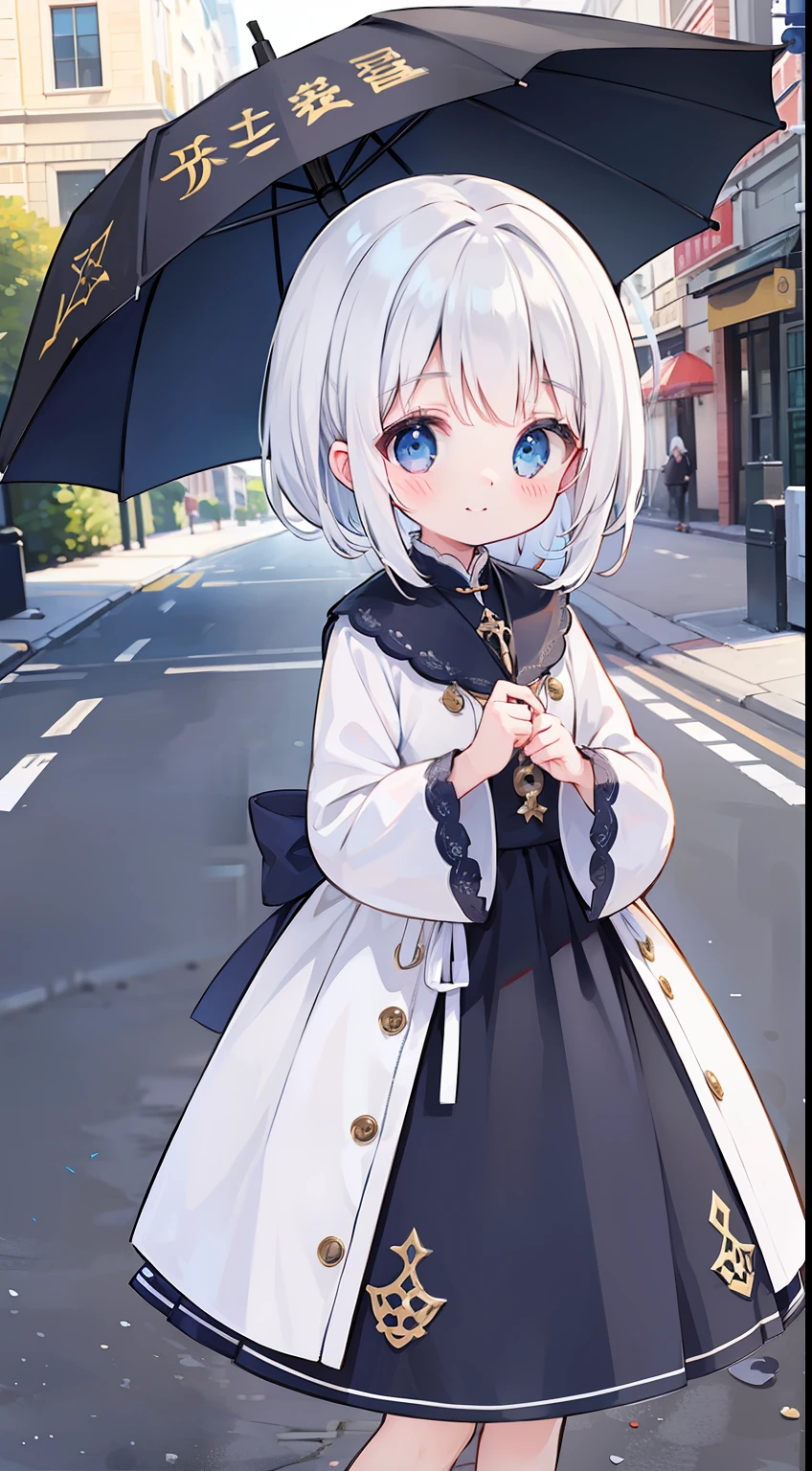One girl、white hair、Long、cute little、blue eyess、a smile、smil、masterpiece、top-quality、Top image quality、Vinyl umbrella、Sateen、In the street