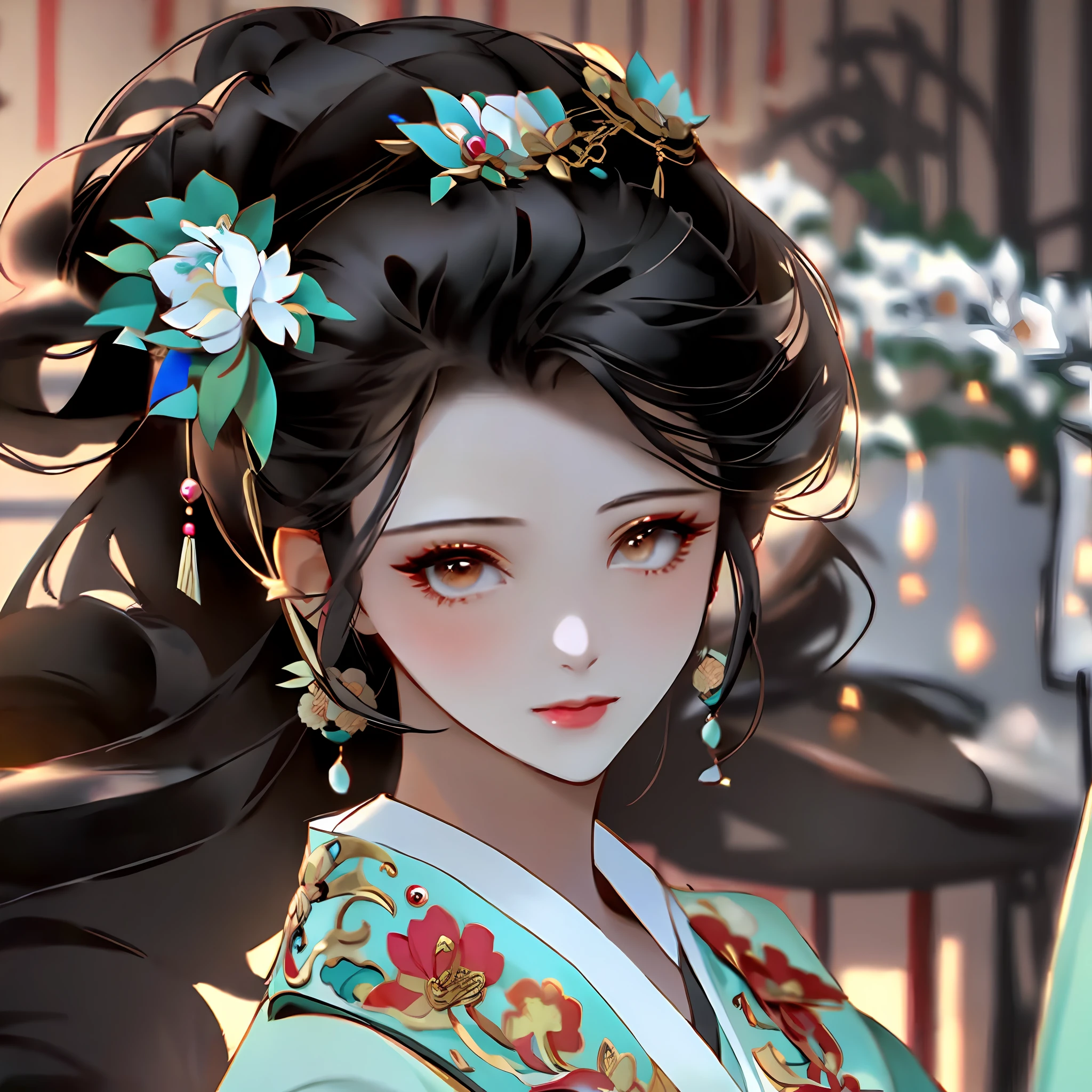 A close-up of a woman in Hanfu，Flowers in the hair, geisha hairstyle, ancient chinese beauti, traditional female hairstyles, Princesa chinesa antiga, remarkable geisha make up, ancient china art style, Wearing ancient Chinese clothes, China Princess, chinese empress, Traditional beauty, Beautiful rendering of the Tang Dynasty, eardrop，Delicate headgear