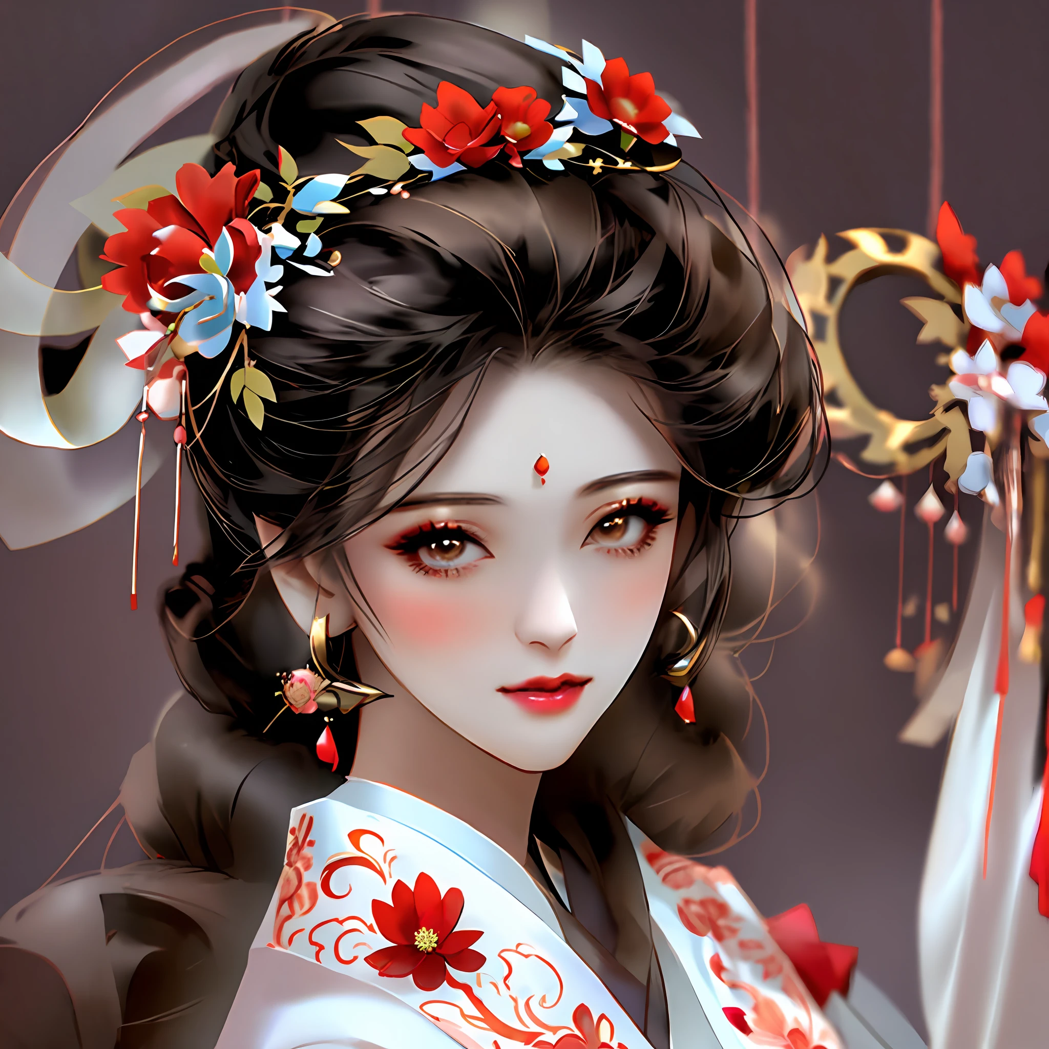 A close-up of a woman in Hanfu,Flowers in the hair, geisha hairstyle, ancient chinese beauti, traditional female hairstyles, Princesa chinesa antiga, remarkable geisha make up, ancient china art style, Wearing ancient Chinese clothes, China Princess, chinese empress, Traditional beauty, Beautiful rendering of the Tang Dynasty, eardrop,Delicate headgear