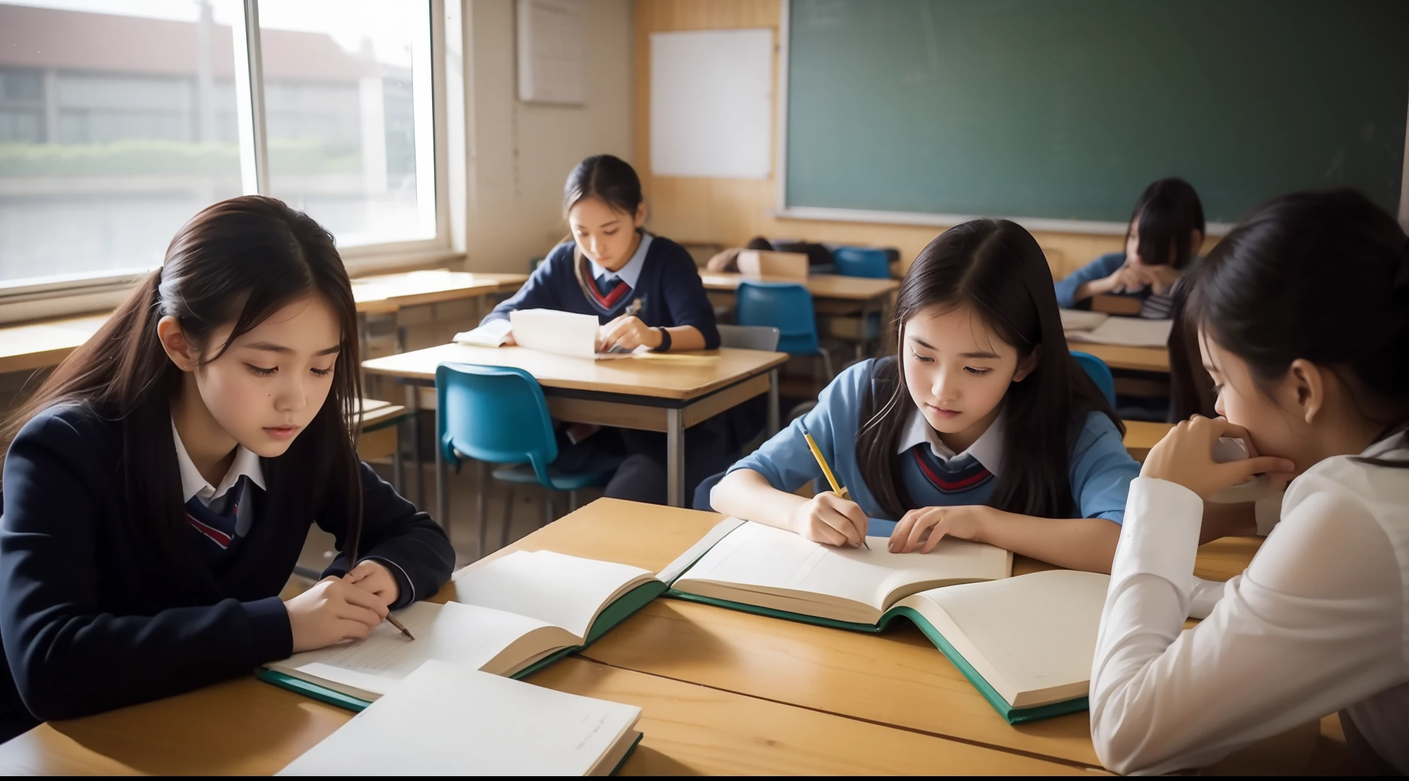 In a bustling school classroom, Students studying intensively.
break
Complex math problems are written on the blackboard, Eta、Students are writing down solutions in a notebook.
break
Some students are reading books, While others are having group discussions.
break
Outside the window, Fresh Green Tree々Swaying in the wind. The classroom is quiet, Only the sound of learning is heard.