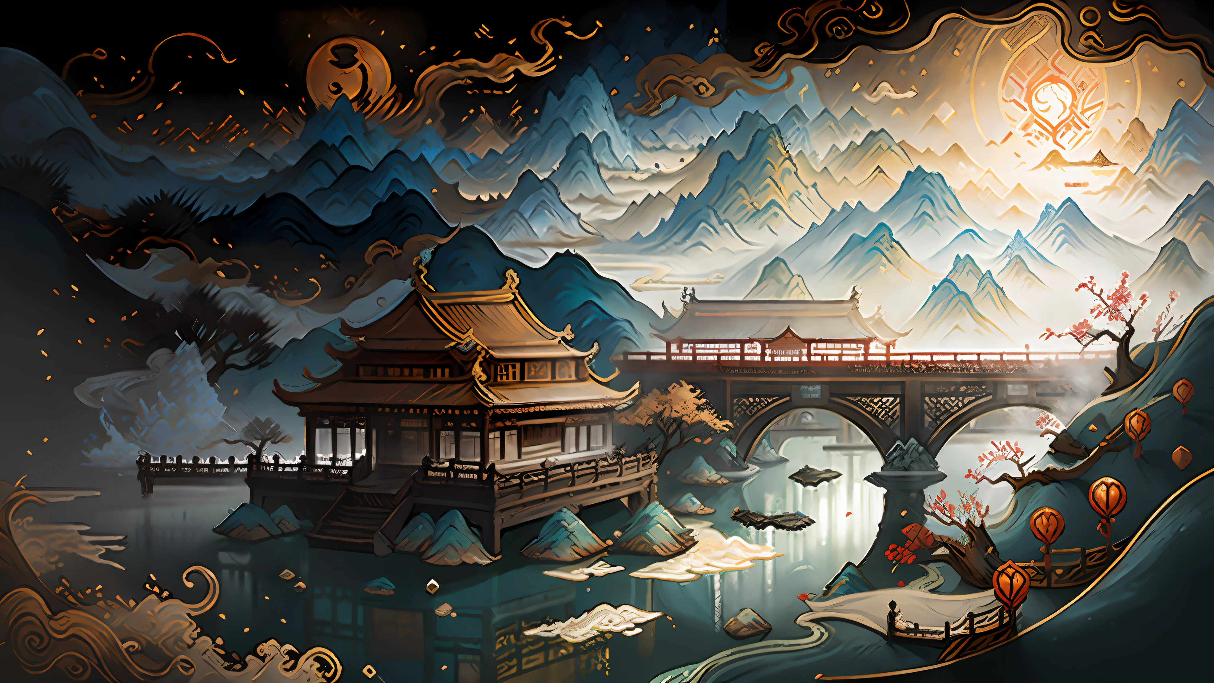An ancient Chinese painting, ancient Chinese background, mountains, rivers, auspicious clouds, pavilions, sunshine, masterpieces, super detail, epic composition, ultra HD, high quality, extremely detailed, official art, unified 8k wallpaper, Super detail, 32k -- v 6