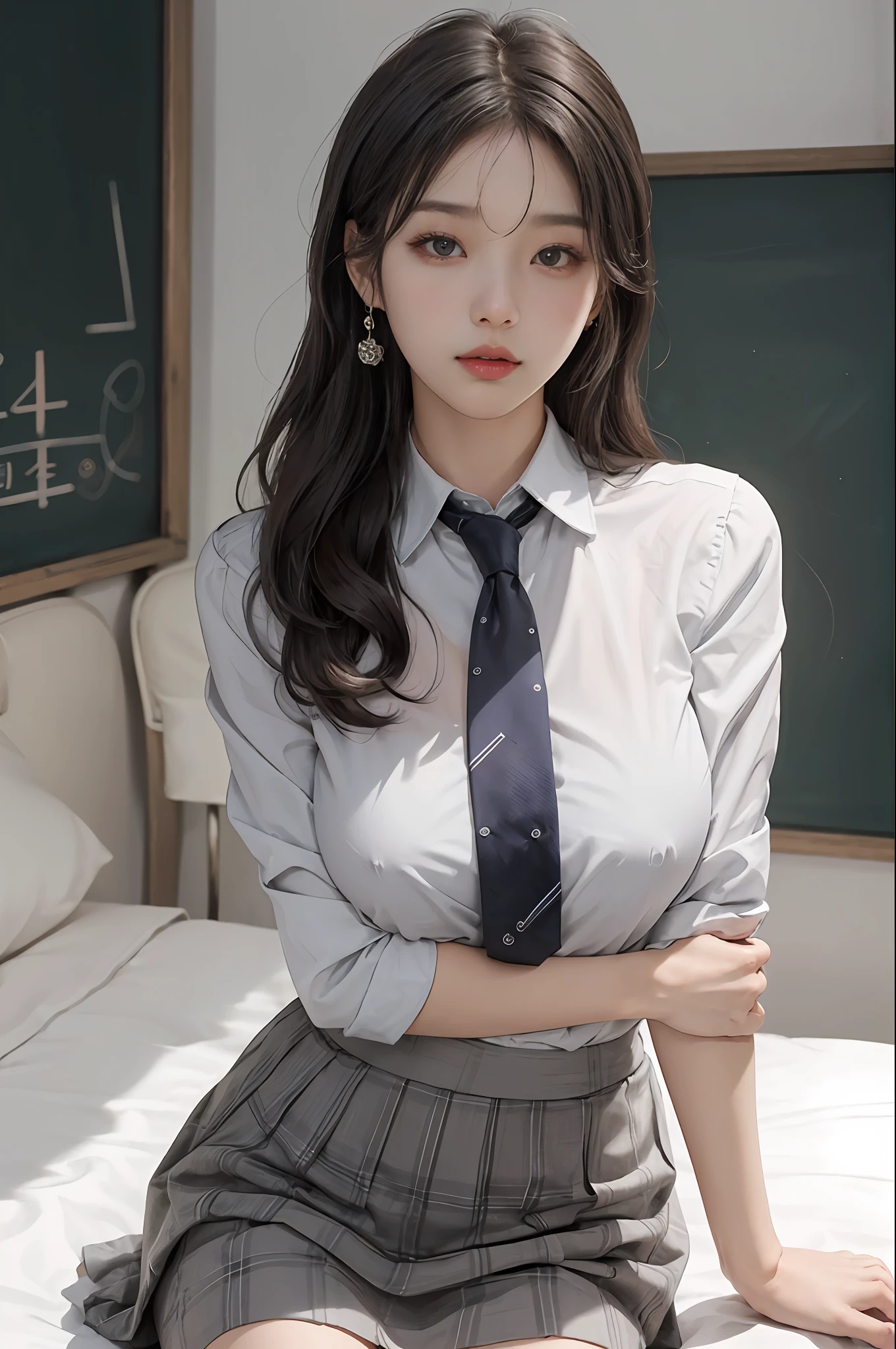 a Korean girl walking in the school, school, a white wall, a grey table, sexy poses,
(((masterpiece))), ((best quality)), ((intricate detailed)), ((Hyperrealistic)), absurd res, milf, mature woman, perspective, highly detailed, illustration, 1girl, ((large breasts)), perfect hands, detailed fingers, beautiful detailed eyes, long hair, brown eyes, nametag, CEO, (Korea school outfit:1.2), school blazer, school shirt, skirt, long school necktie, earrings, detailed background, bedroom, perfect eyes, seductive eyes, looking at the viewer, from front