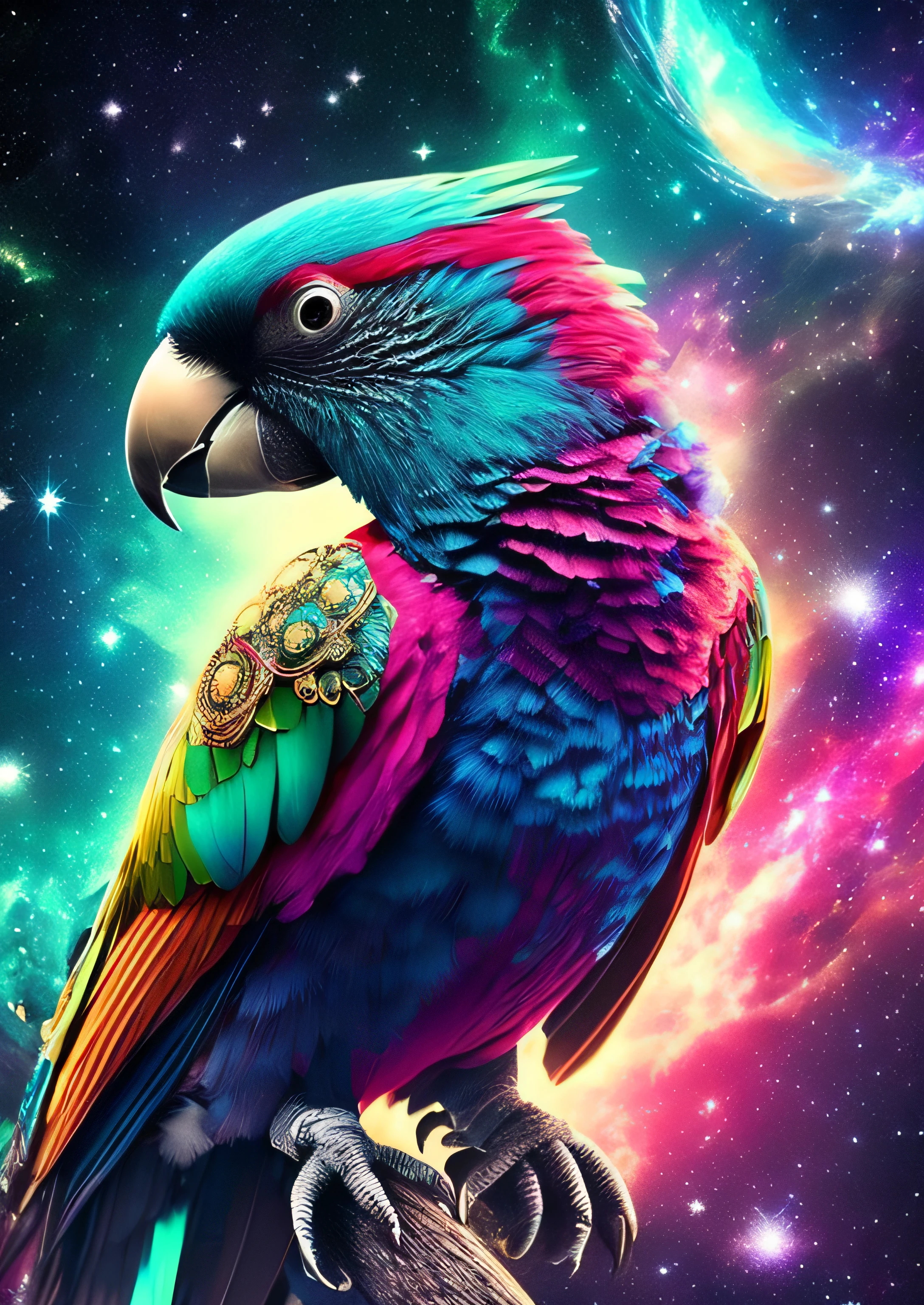 dreamlikeart,  galaxies, space, nebulae, stars, [cyberpunk] parrot from (stars:1.5),
