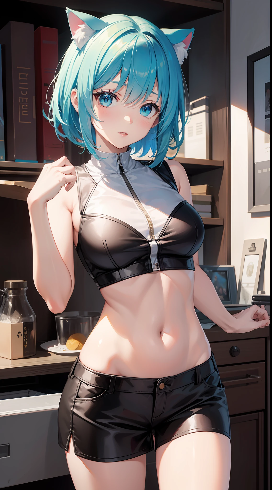 young girl, short pink hair, Cyan eyes, cat ears, White leather top, Sleeveless, open belly, open breasts, Masterpiece, hiquality