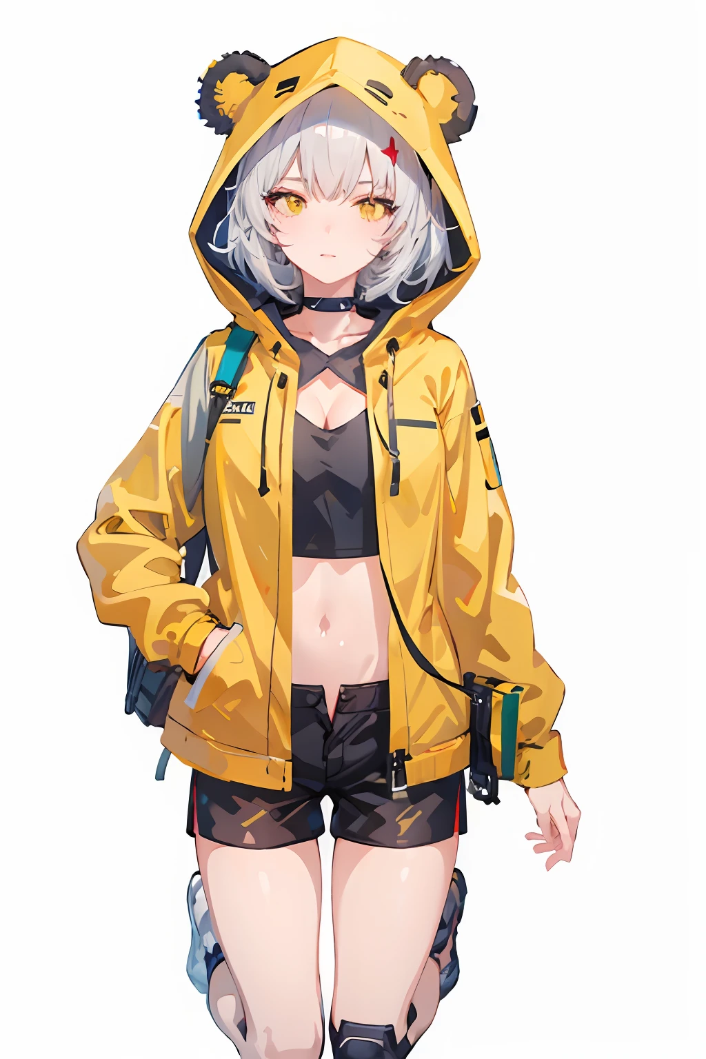 Anime girl in yellow jacket and black shorts with bear hoodie, cyberpunk anime girl in hoodie, girls frontline style, High Quality Anime Art Style, Anime style. 8K, Guviz-style artwork, style of anime4 K, anime full body illustration, Guviz, from girls frontline, detailed anime character art, Guweiz on ArtStation Pixiv